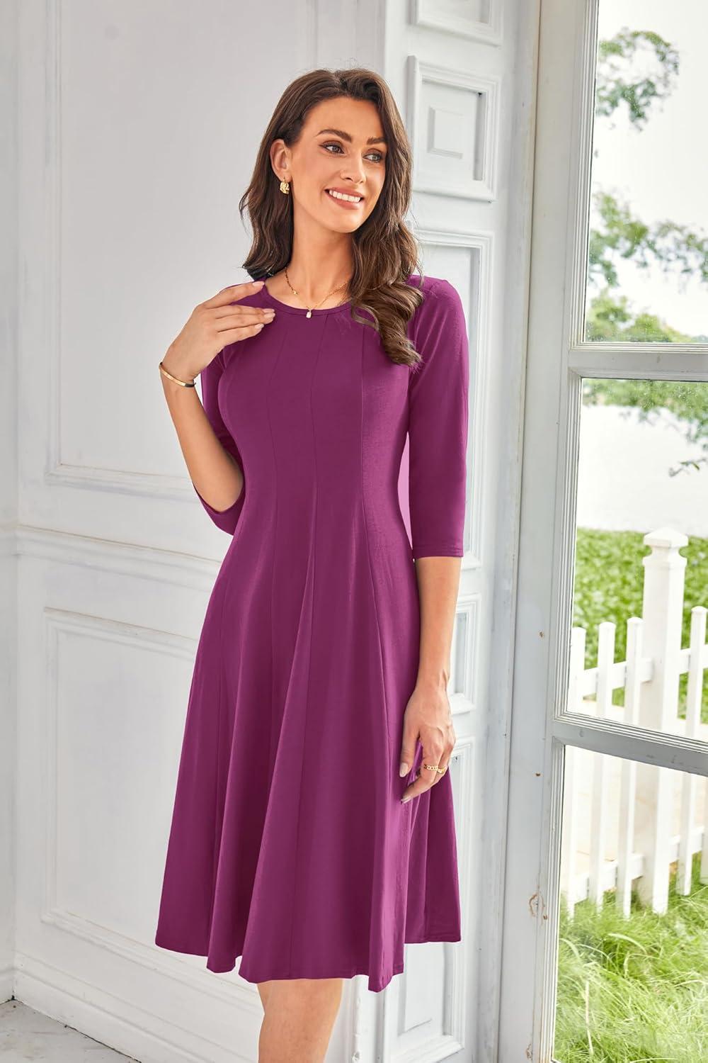 imageGRACE KARIN Fall Dresses for Women 2025 Casual 34 Sleeve Dress A Line Fit and Flare Midi Dress with PocketsMulberry