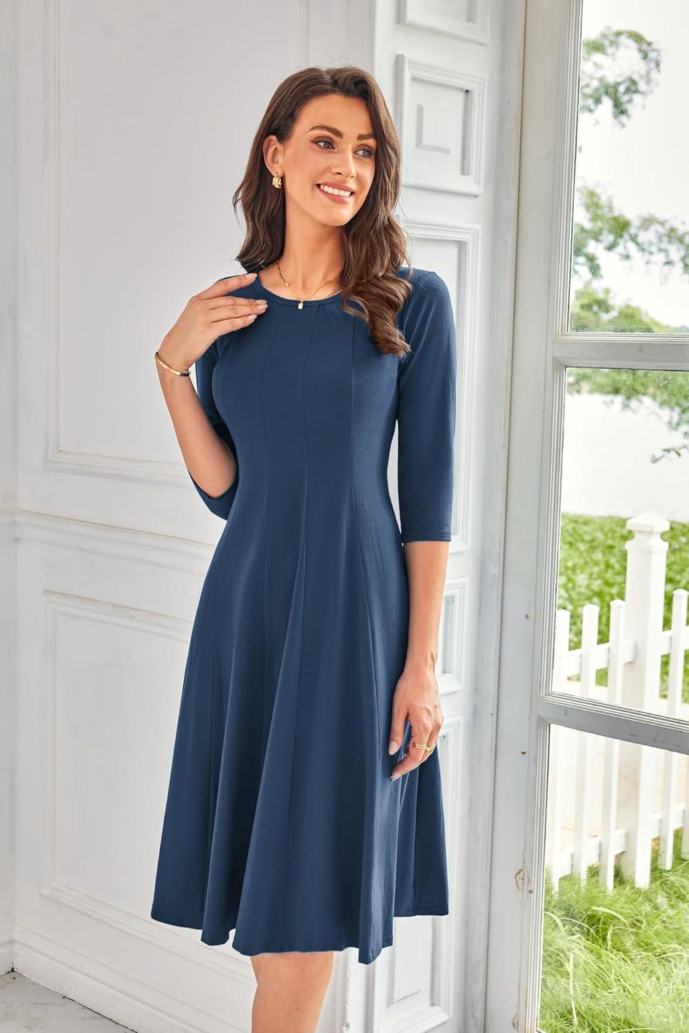 imageGRACE KARIN Fall Dresses for Women 2025 Casual 34 Sleeve Dress A Line Fit and Flare Midi Dress with PocketsNavy Blue