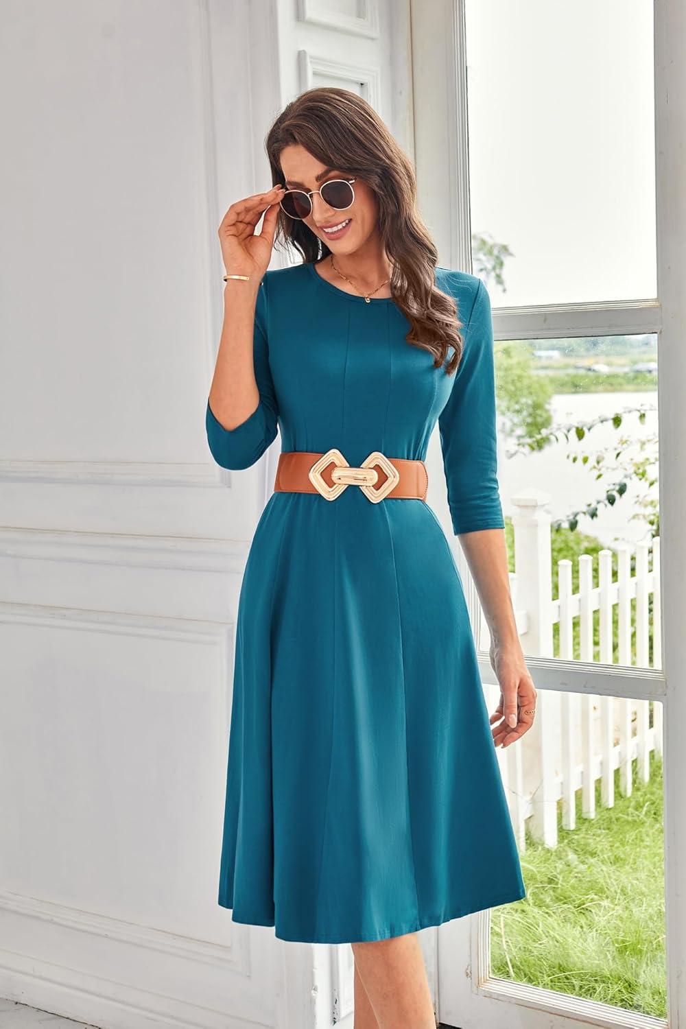 imageGRACE KARIN Fall Dresses for Women 2025 Casual 34 Sleeve Dress A Line Fit and Flare Midi Dress with PocketsPeacock Blue