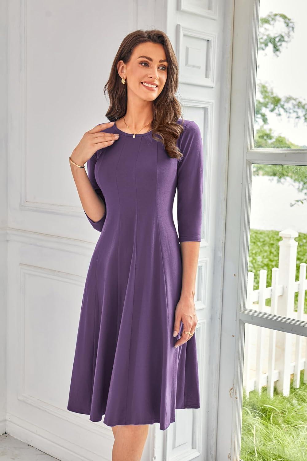 imageGRACE KARIN Fall Dresses for Women 2025 Casual 34 Sleeve Dress A Line Fit and Flare Midi Dress with PocketsPurple