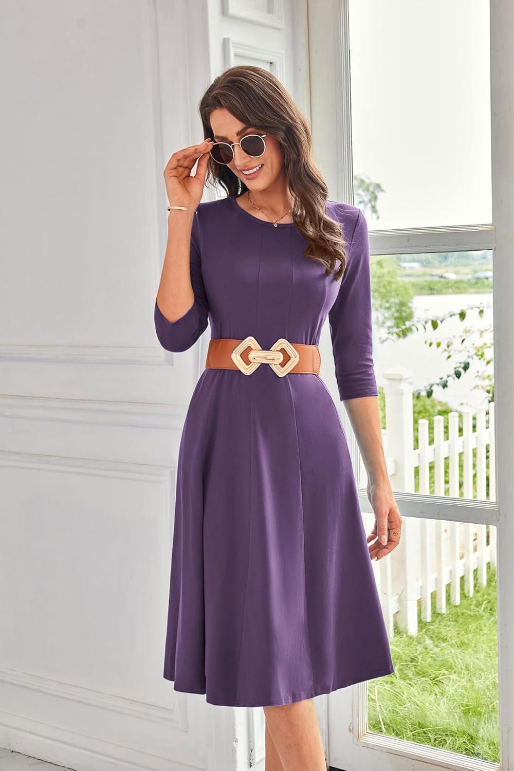 imageGRACE KARIN Fall Dresses for Women 2025 Casual 34 Sleeve Dress A Line Fit and Flare Midi Dress with PocketsPurple