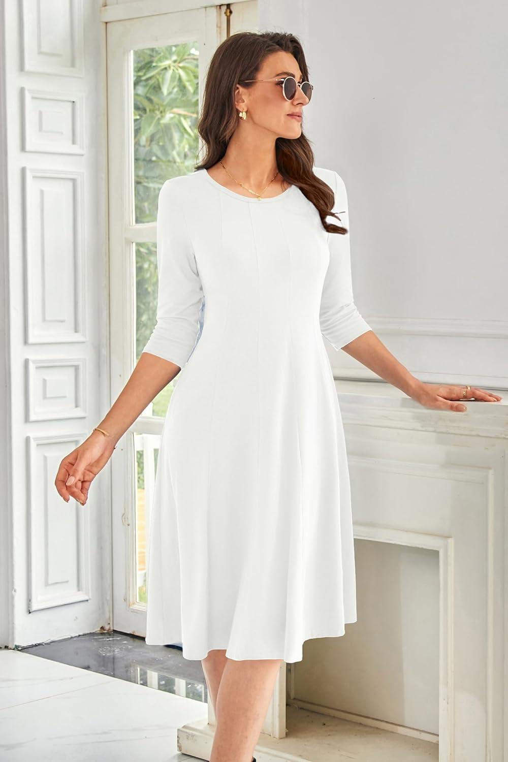imageGRACE KARIN Fall Dresses for Women 2025 Casual 34 Sleeve Dress A Line Fit and Flare Midi Dress with PocketsWhitewith Lined