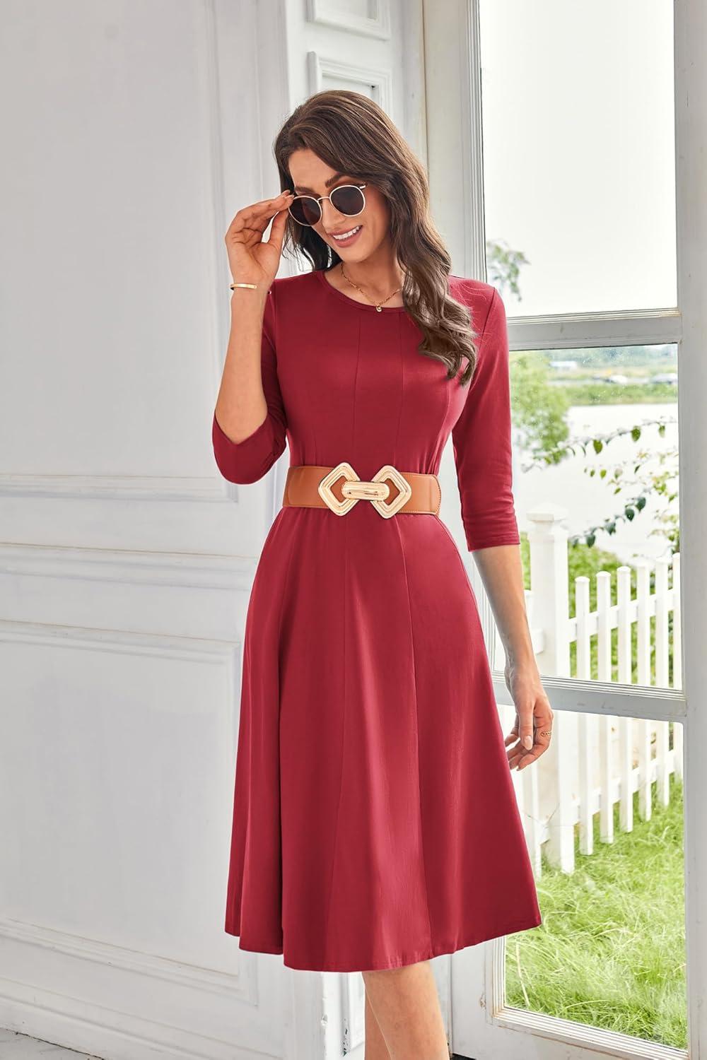 imageGRACE KARIN Fall Dresses for Women 2025 Casual 34 Sleeve Dress A Line Fit and Flare Midi Dress with PocketsWine Red