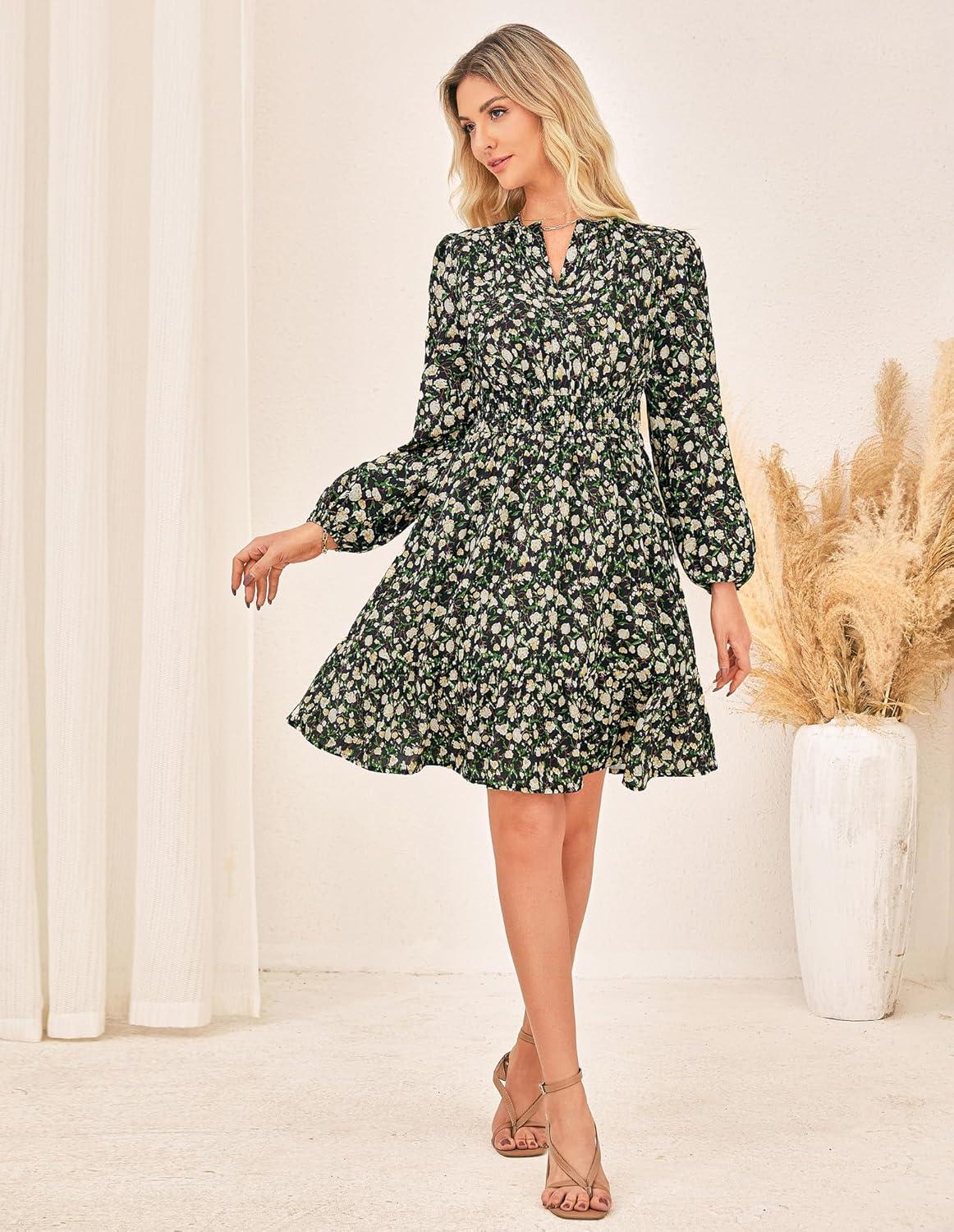imageGRACE KARIN Fall Dresses for Women 2025Casual Long Sleeve Mini Dress Floral Wedding Guest Dress with PocketsBlack Yellow