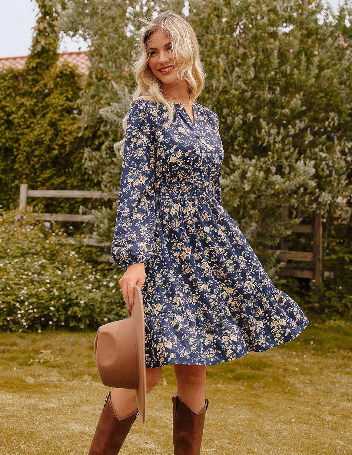 imageGRACE KARIN Fall Dresses for Women 2025Casual Long Sleeve Mini Dress Floral Wedding Guest Dress with PocketsNavy Brown