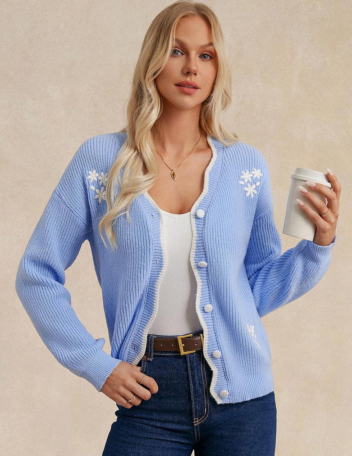imageGRACE KARIN Flower Sweater Cardigan for Women Button Down Long Sleeve Cardigans Embroidered Open Front JacketBlue