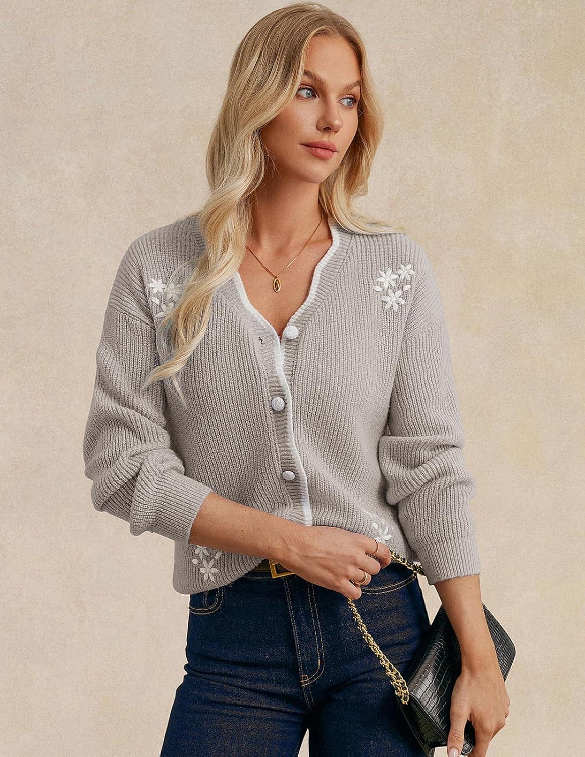 imageGRACE KARIN Flower Sweater Cardigan for Women Button Down Long Sleeve Cardigans Embroidered Open Front JacketLight Khaki