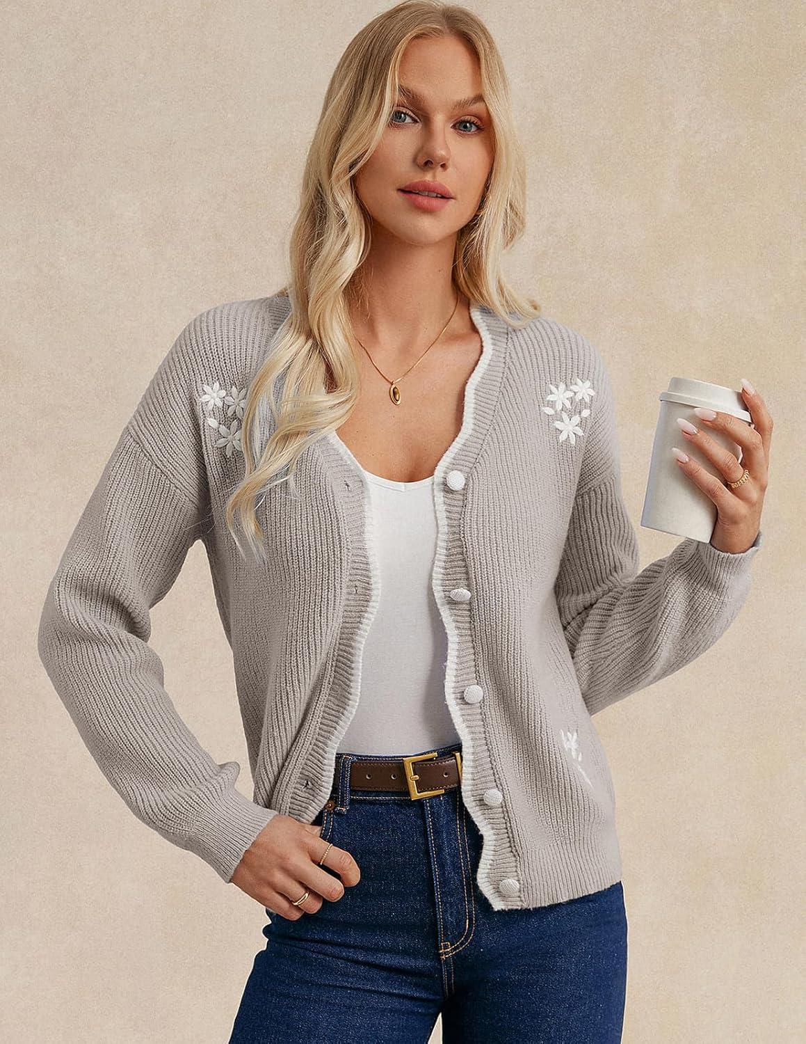 imageGRACE KARIN Flower Sweater Cardigan for Women Button Down Long Sleeve Cardigans Embroidered Open Front JacketLight Khaki