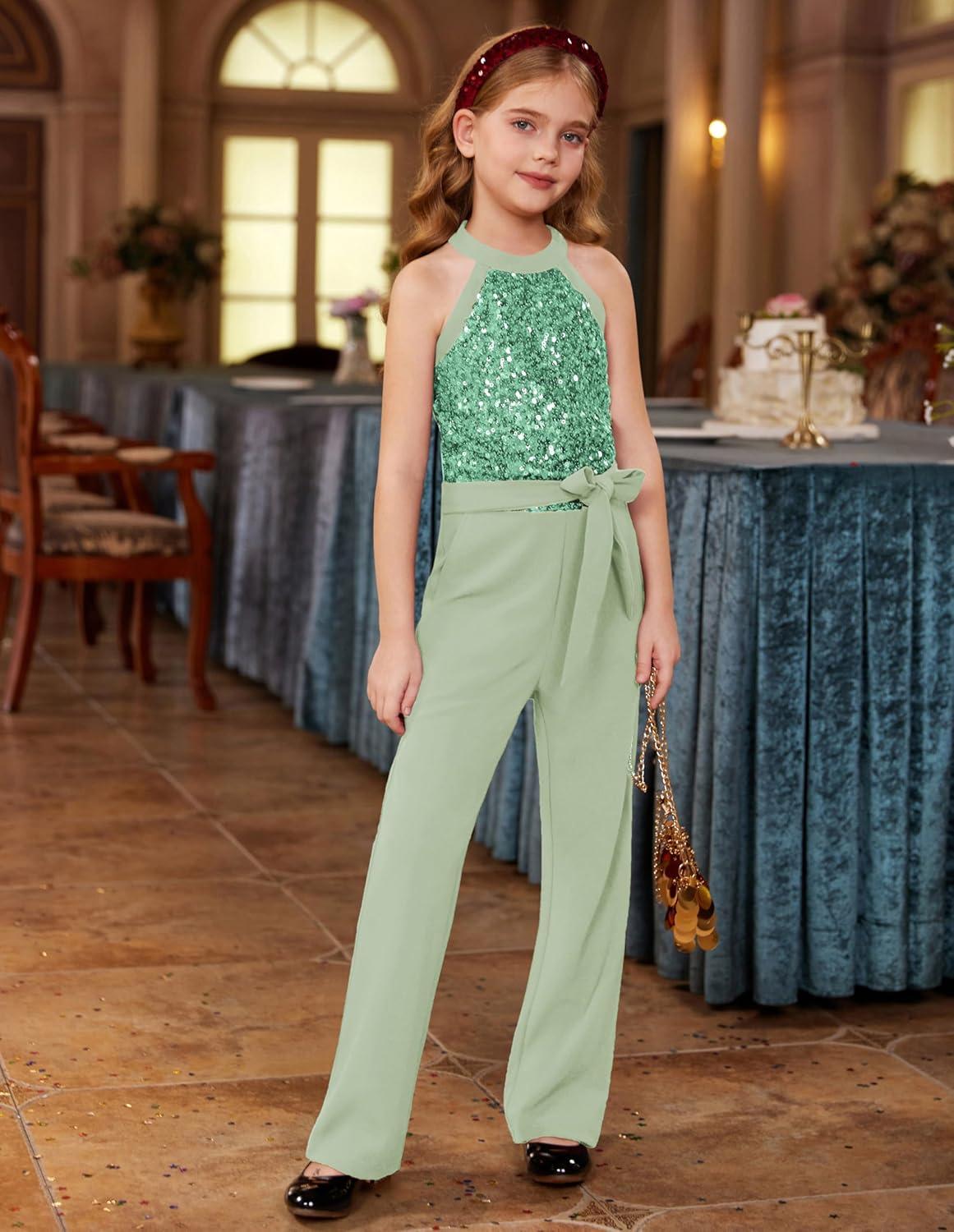 imageGRACE KARIN Girls Jumpsuit Tween Sequin Trendy Party Halter Shinny Dance Formal Romper Bodysuit 612Bean Green