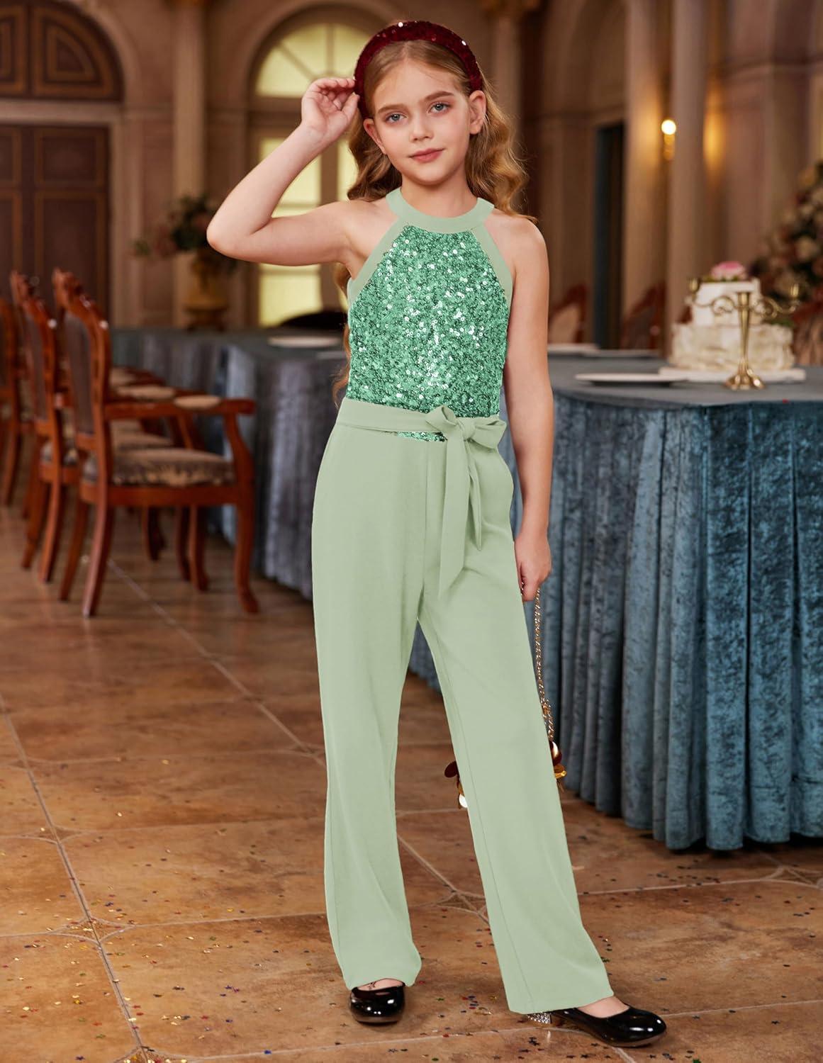 imageGRACE KARIN Girls Jumpsuit Tween Sequin Trendy Party Halter Shinny Dance Formal Romper Bodysuit 612Bean Green