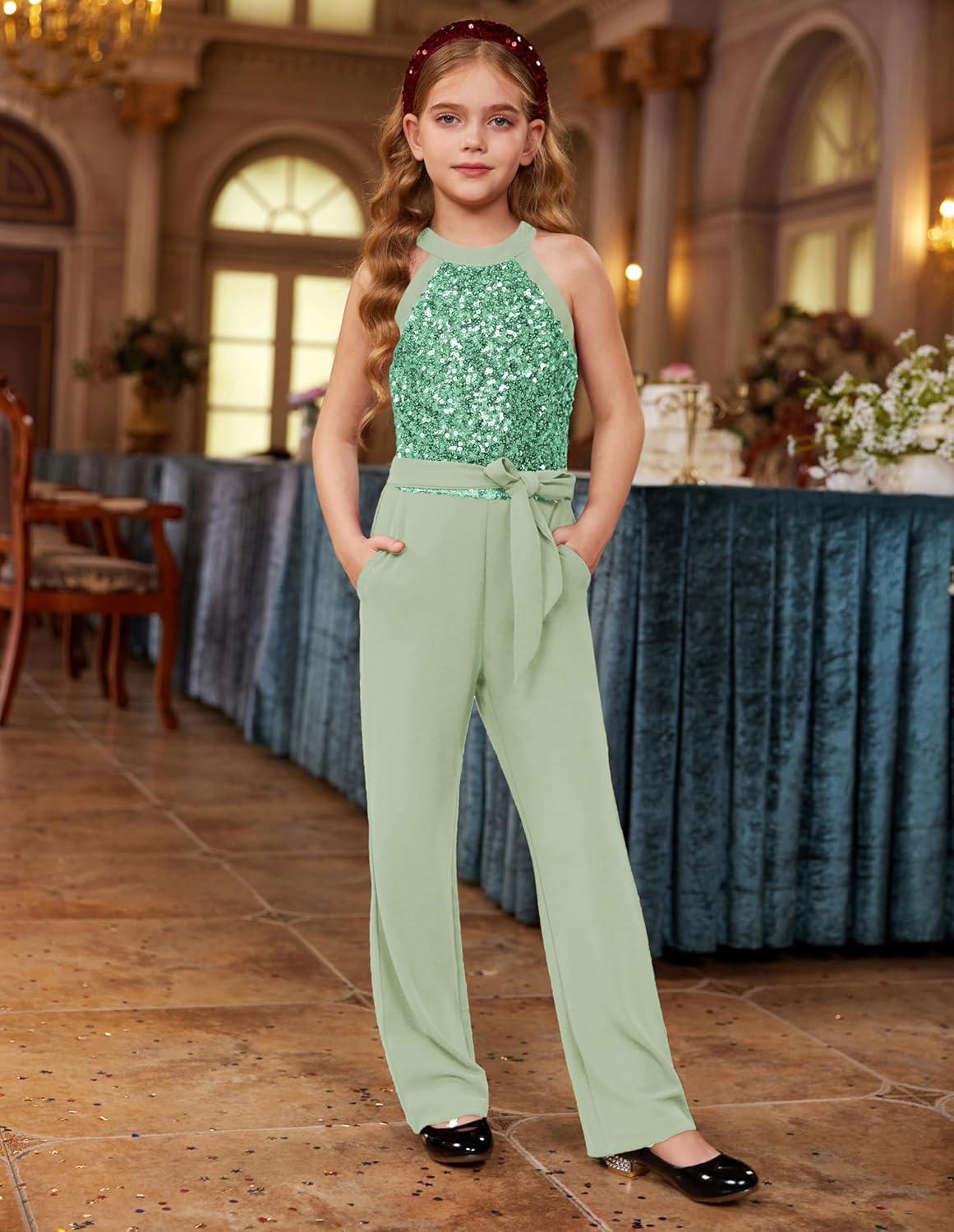 imageGRACE KARIN Girls Jumpsuit Tween Sequin Trendy Party Halter Shinny Dance Formal Romper Bodysuit 612Bean Green