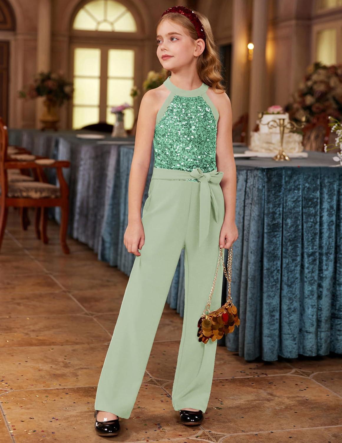 imageGRACE KARIN Girls Jumpsuit Tween Sequin Trendy Party Halter Shinny Dance Formal Romper Bodysuit 612Bean Green