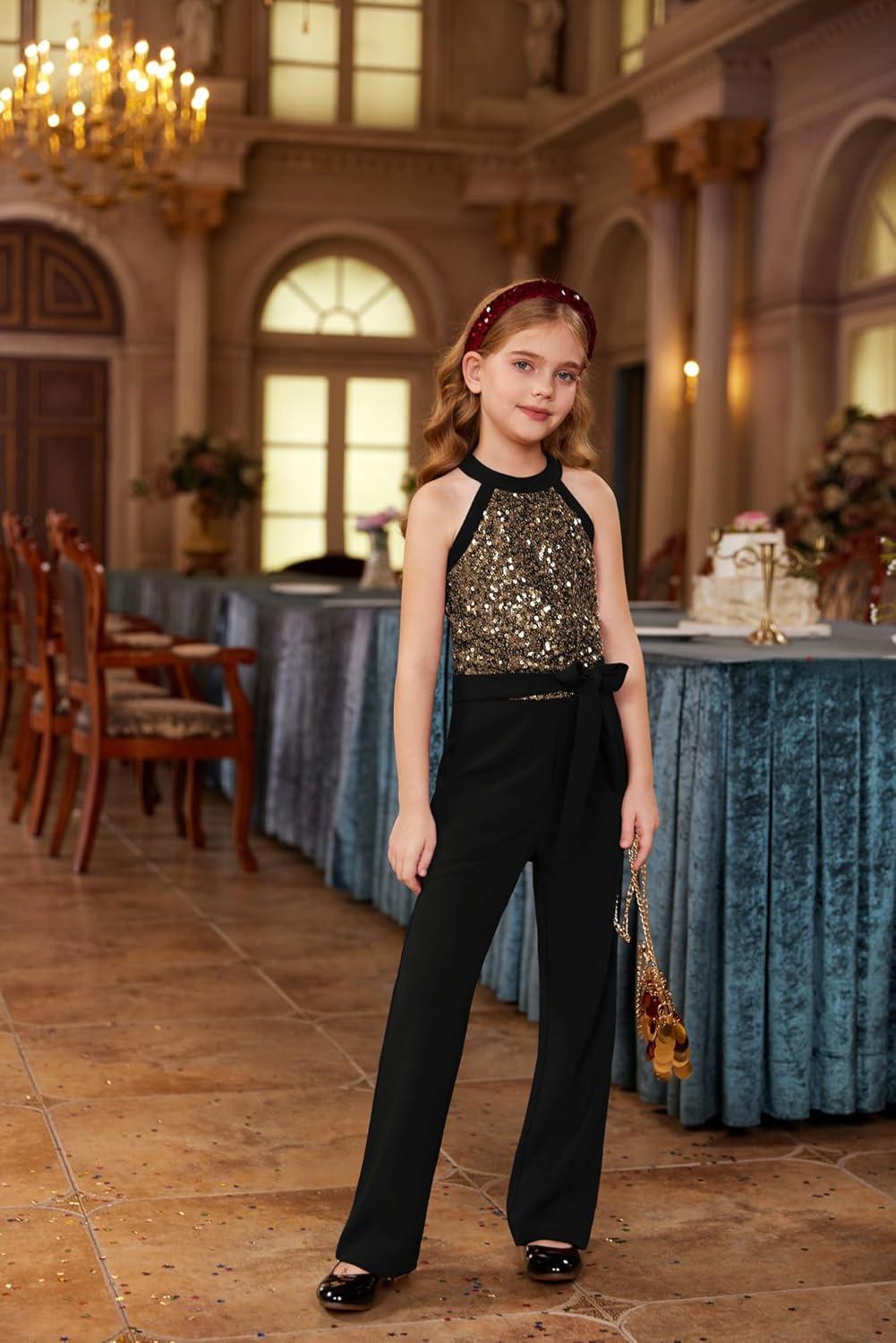 imageGRACE KARIN Girls Jumpsuit Tween Sequin Trendy Party Halter Shinny Dance Formal Romper Bodysuit 612Black