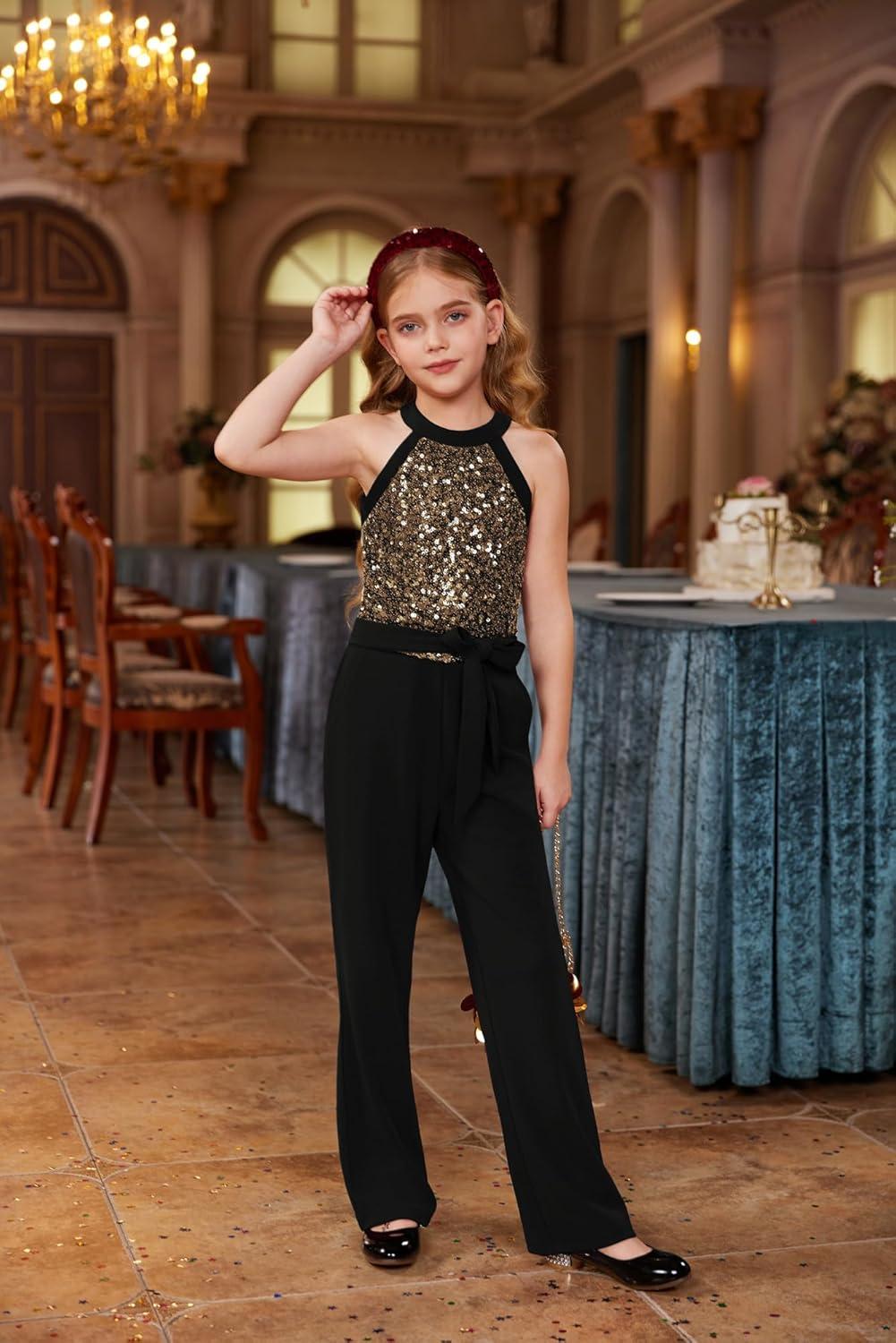 imageGRACE KARIN Girls Jumpsuit Tween Sequin Trendy Party Halter Shinny Dance Formal Romper Bodysuit 612Black
