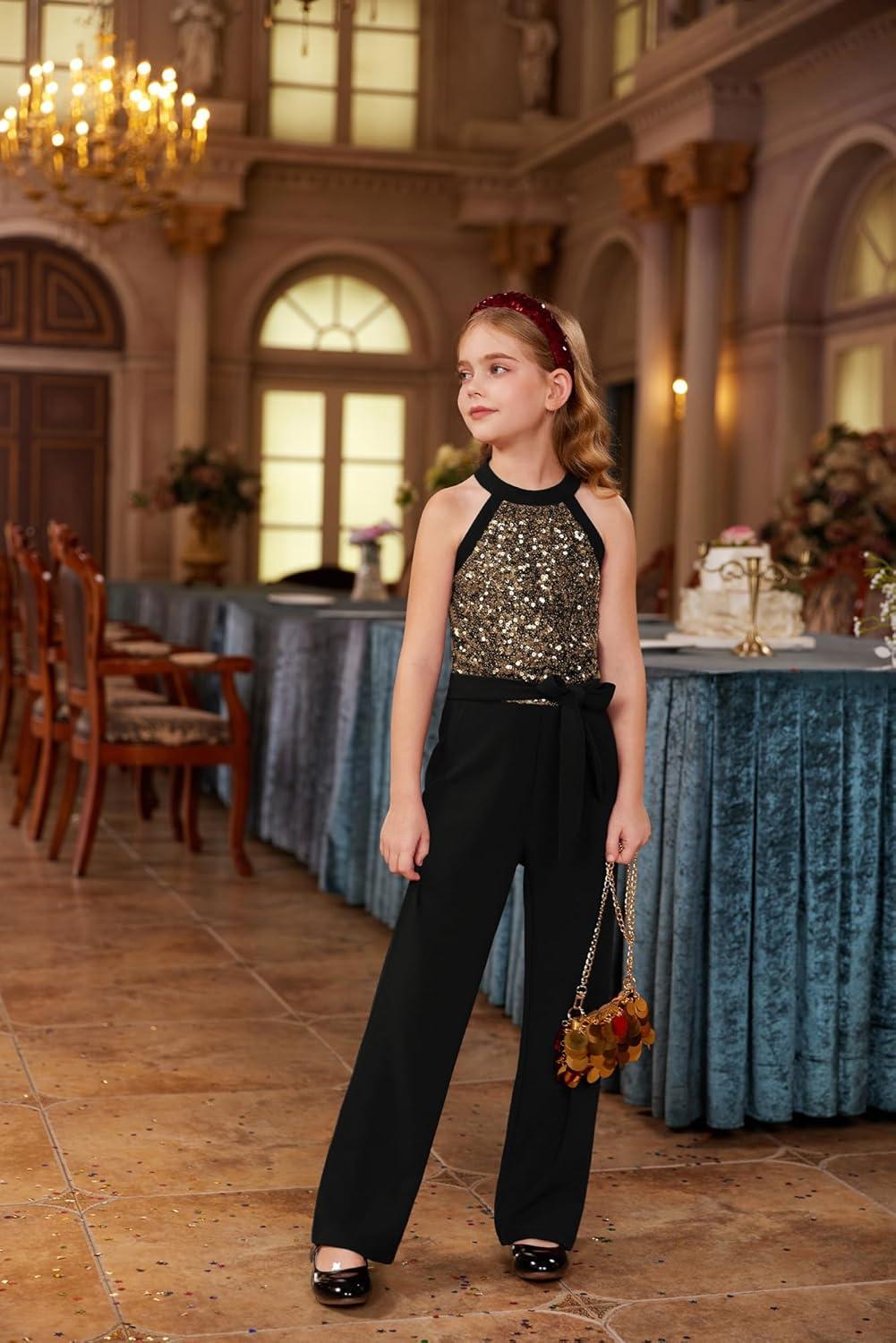 imageGRACE KARIN Girls Jumpsuit Tween Sequin Trendy Party Halter Shinny Dance Formal Romper Bodysuit 612Black