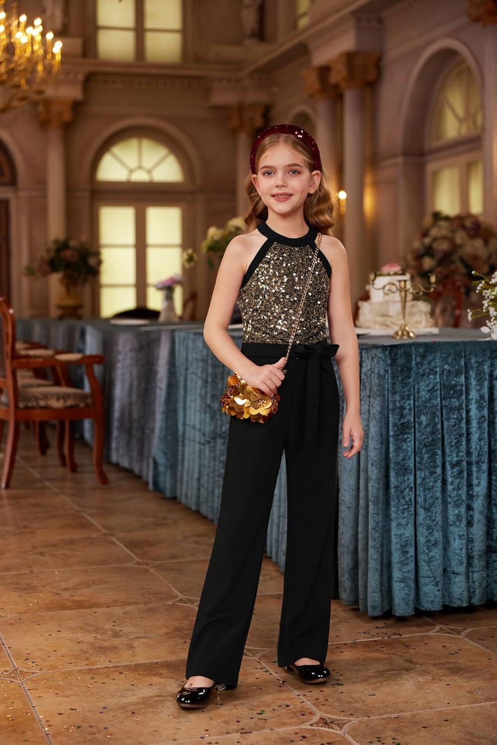 imageGRACE KARIN Girls Jumpsuit Tween Sequin Trendy Party Halter Shinny Dance Formal Romper Bodysuit 612Black