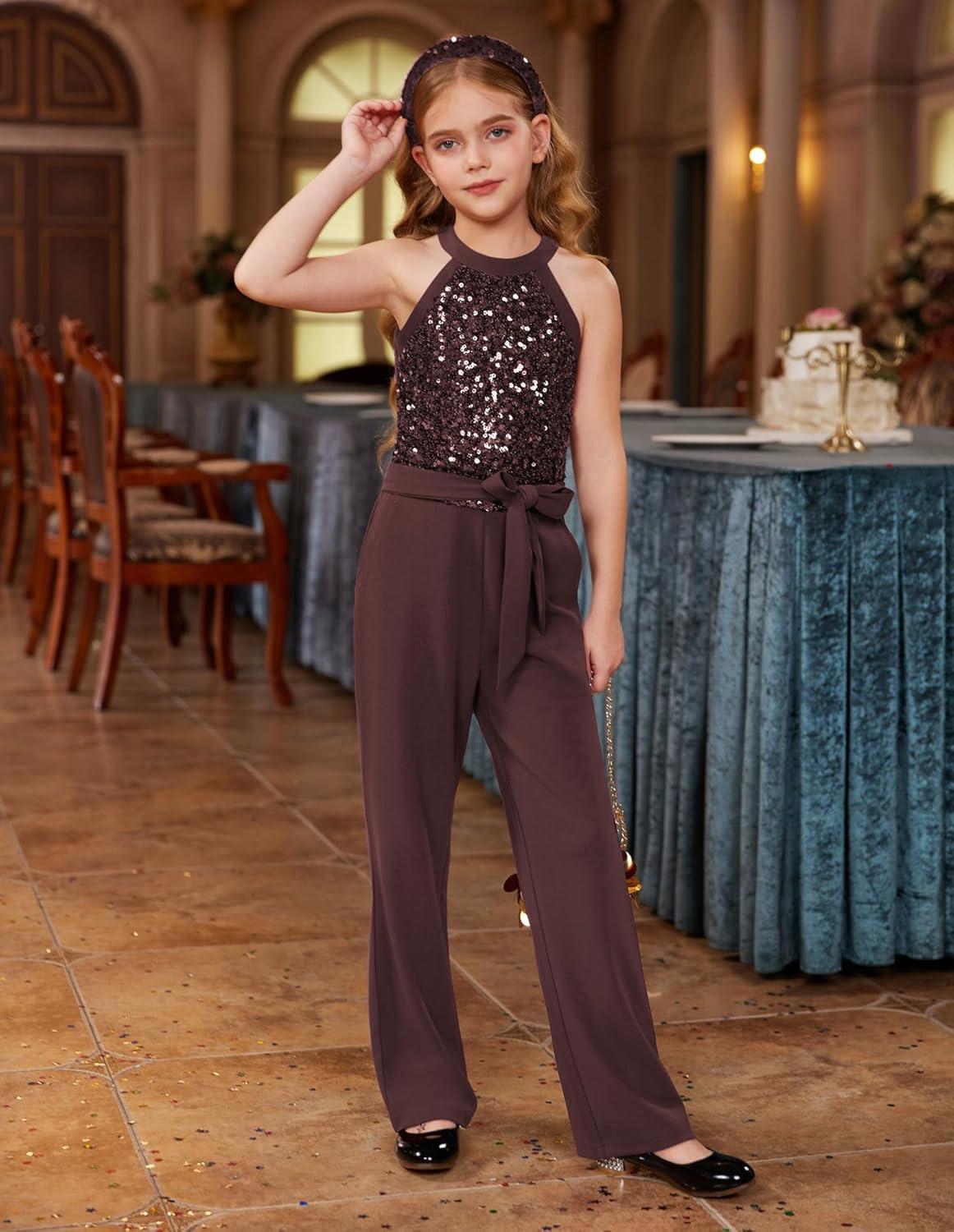 imageGRACE KARIN Girls Jumpsuit Tween Sequin Trendy Party Halter Shinny Dance Formal Romper Bodysuit 612Brown