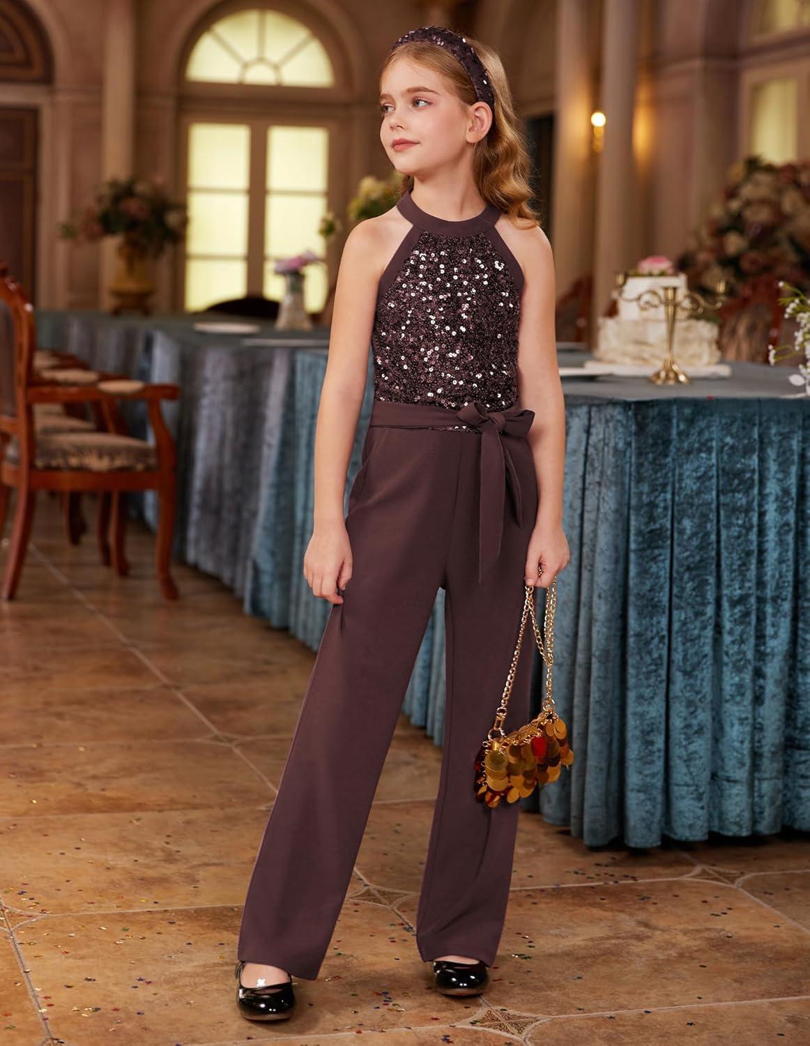 imageGRACE KARIN Girls Jumpsuit Tween Sequin Trendy Party Halter Shinny Dance Formal Romper Bodysuit 612Brown