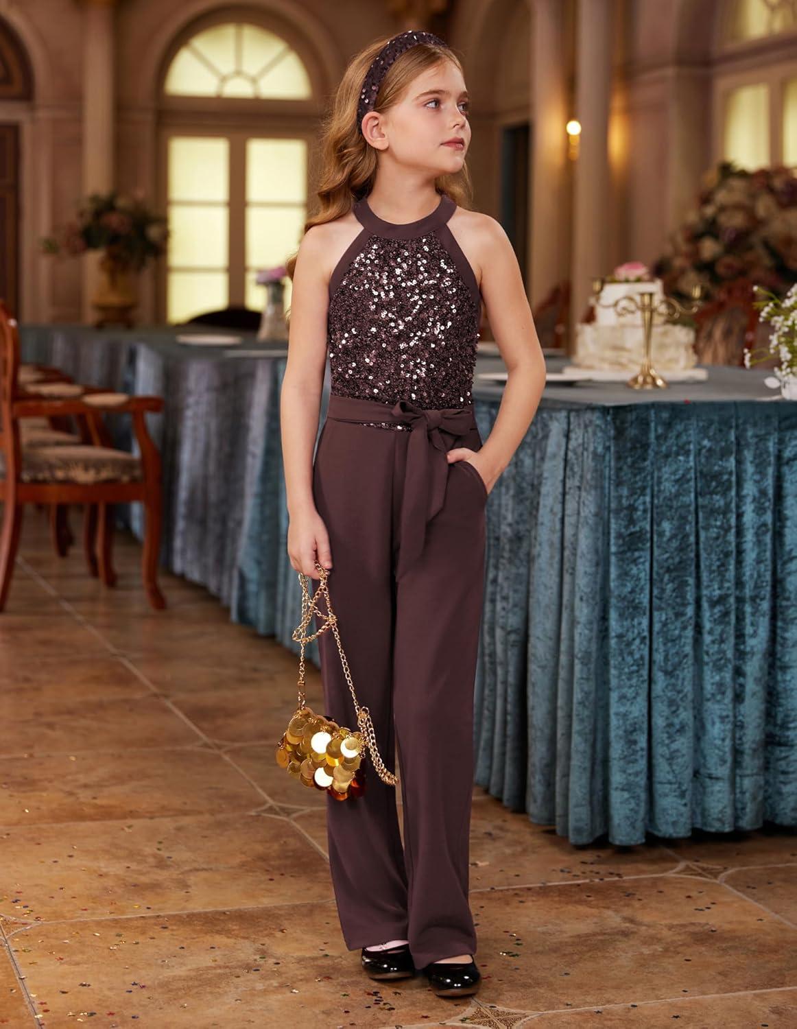 imageGRACE KARIN Girls Jumpsuit Tween Sequin Trendy Party Halter Shinny Dance Formal Romper Bodysuit 612Brown