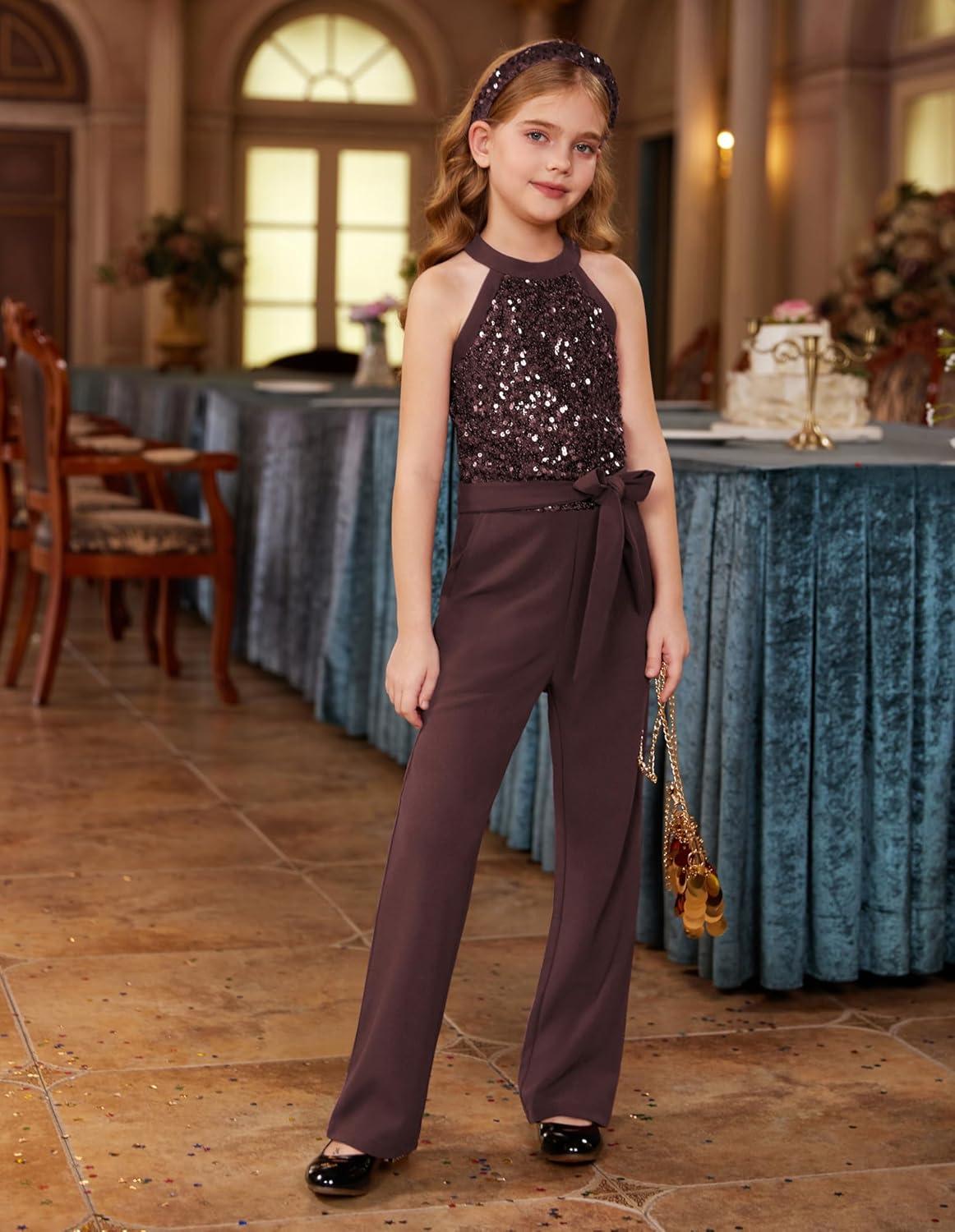 imageGRACE KARIN Girls Jumpsuit Tween Sequin Trendy Party Halter Shinny Dance Formal Romper Bodysuit 612Brown