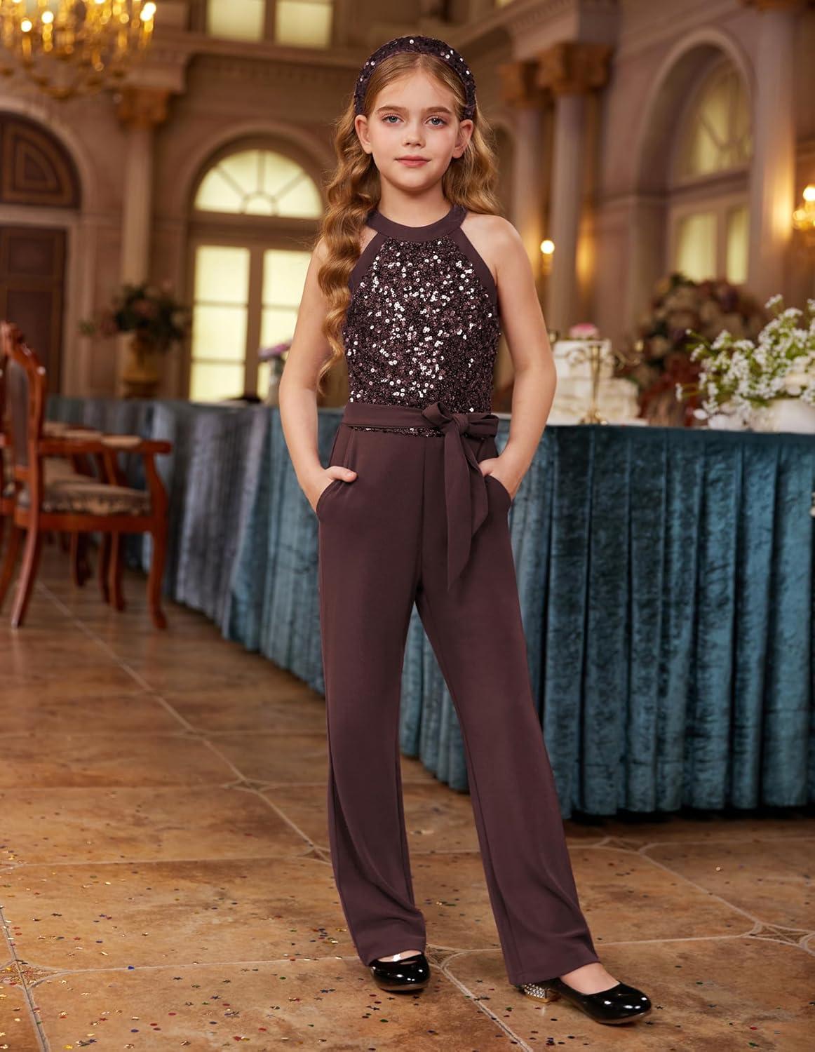 imageGRACE KARIN Girls Jumpsuit Tween Sequin Trendy Party Halter Shinny Dance Formal Romper Bodysuit 612Brown