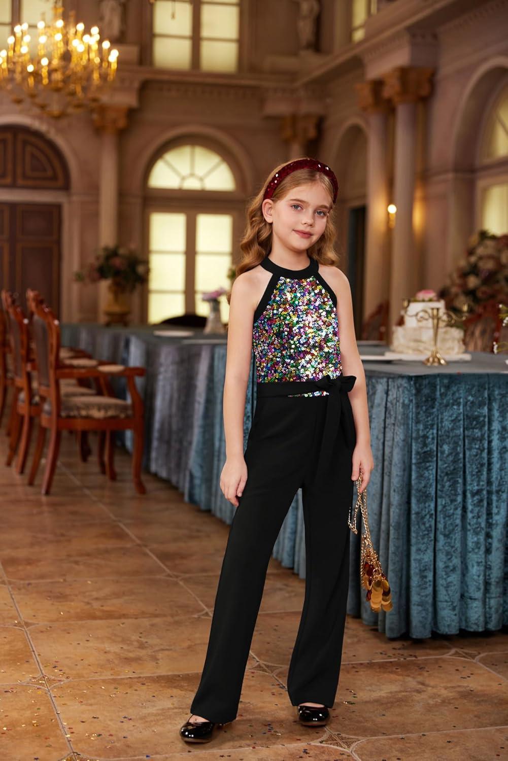 imageGRACE KARIN Girls Jumpsuit Tween Sequin Trendy Party Halter Shinny Dance Formal Romper Bodysuit 612Dreamy Black