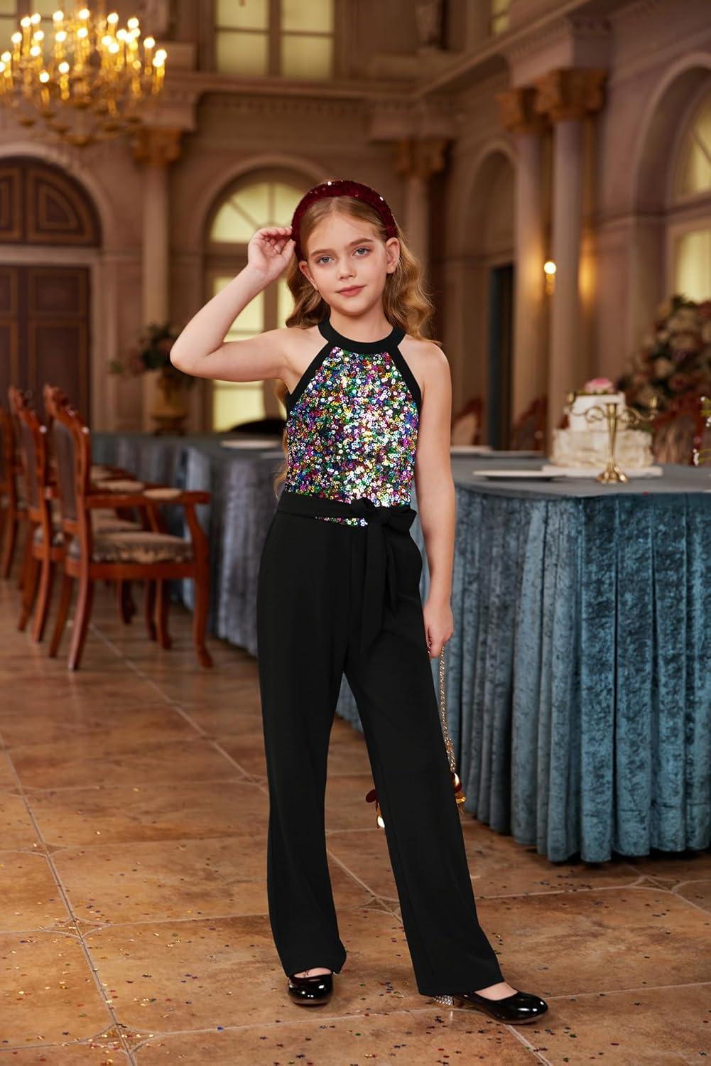 imageGRACE KARIN Girls Jumpsuit Tween Sequin Trendy Party Halter Shinny Dance Formal Romper Bodysuit 612Dreamy Black