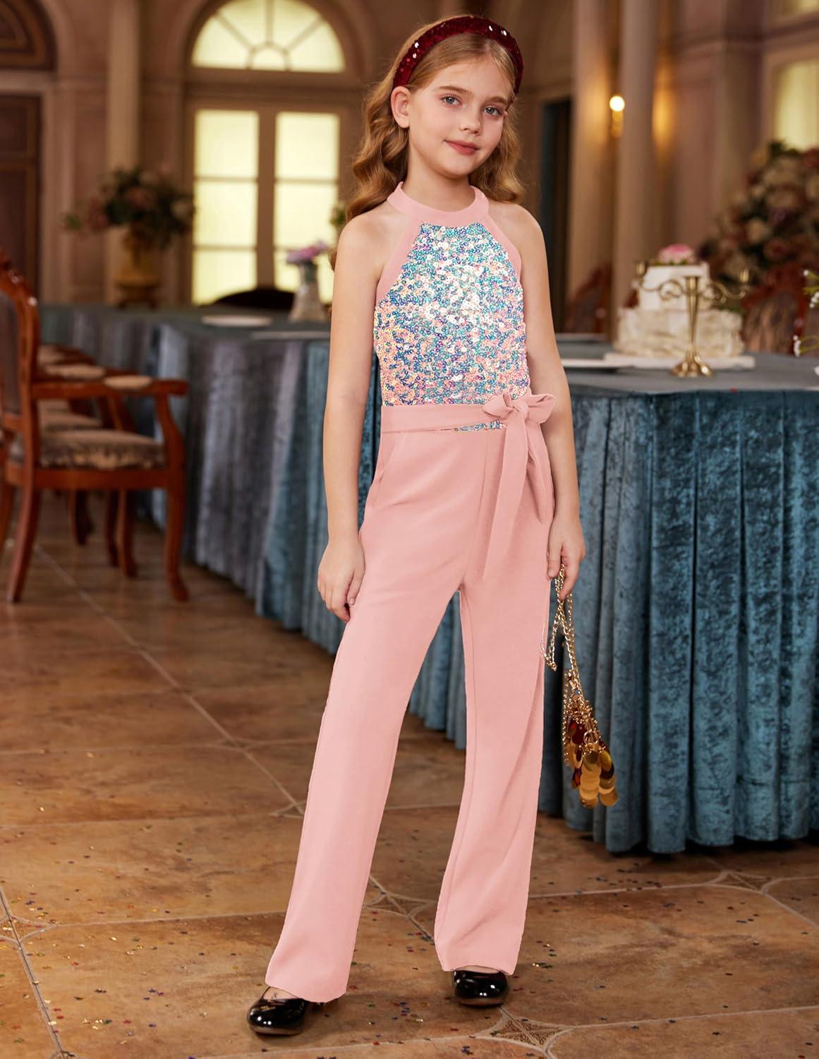 imageGRACE KARIN Girls Jumpsuit Tween Sequin Trendy Party Halter Shinny Dance Formal Romper Bodysuit 612Gray Pink