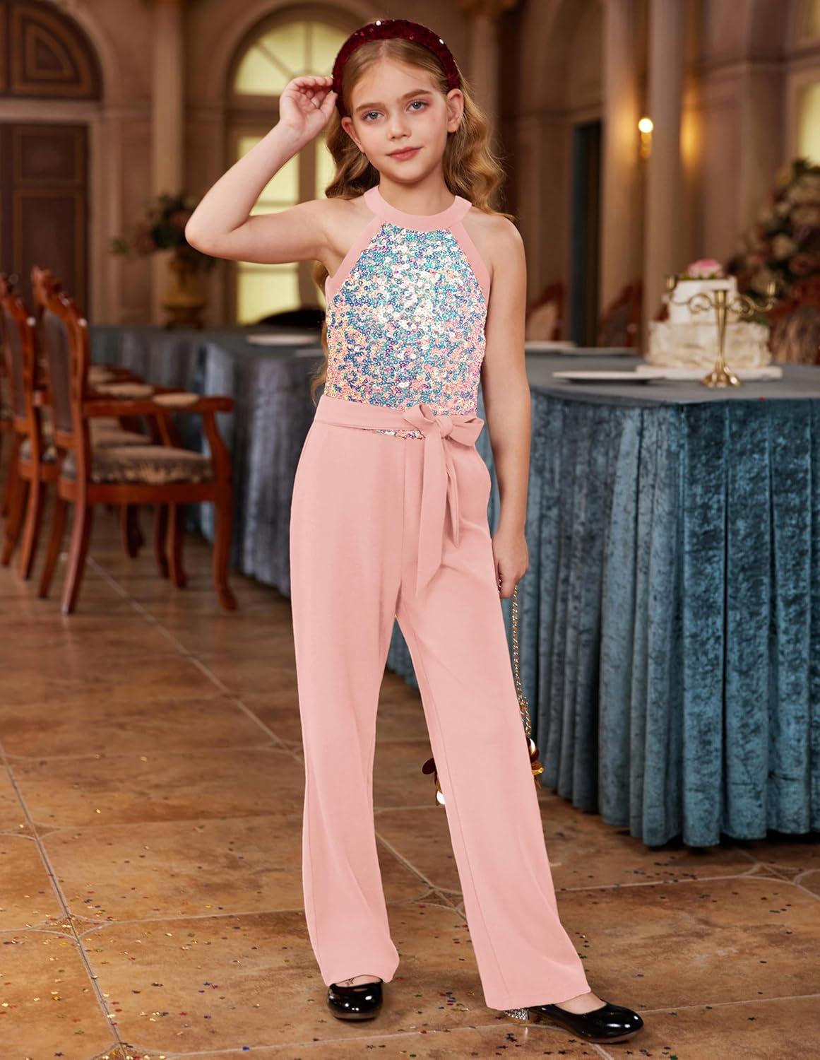 imageGRACE KARIN Girls Jumpsuit Tween Sequin Trendy Party Halter Shinny Dance Formal Romper Bodysuit 612Gray Pink