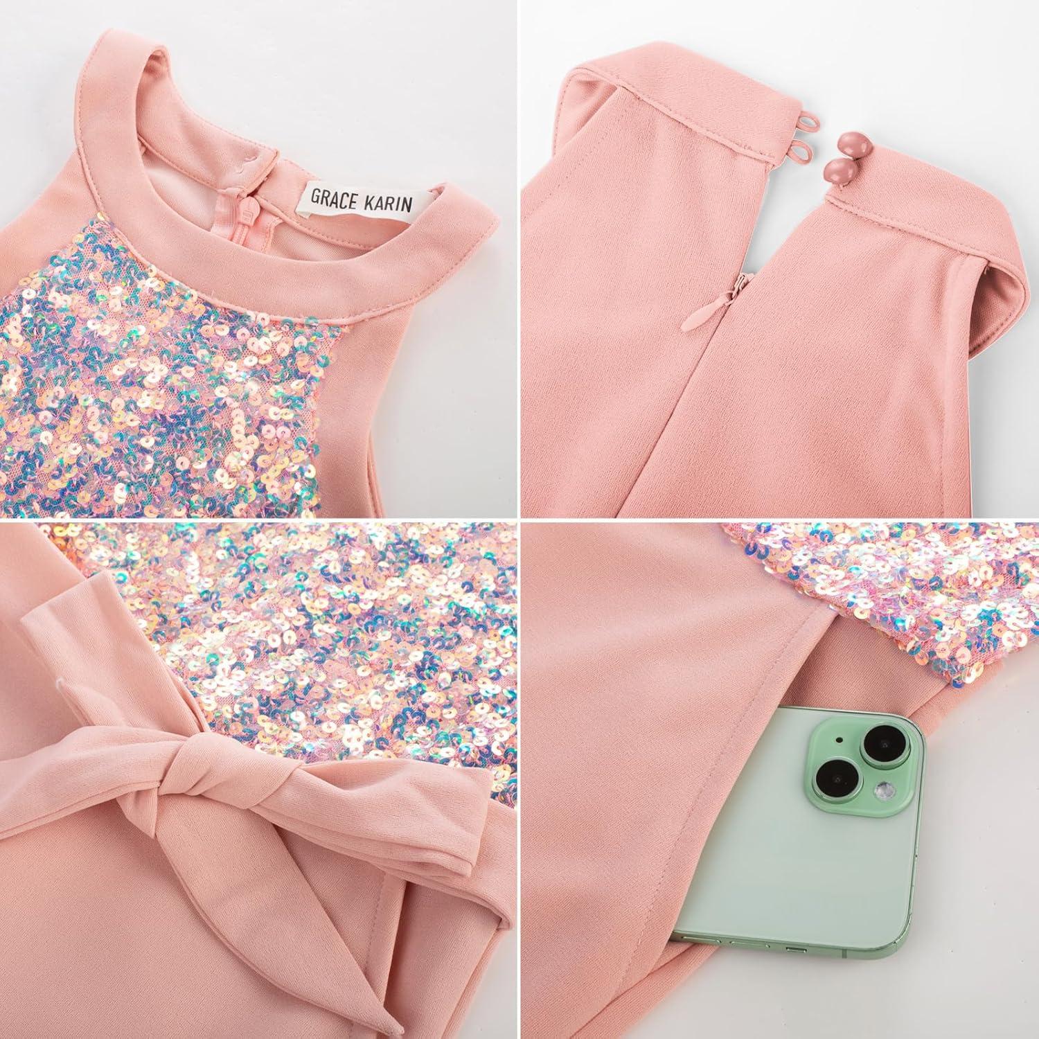 imageGRACE KARIN Girls Jumpsuit Tween Sequin Trendy Party Halter Shinny Dance Formal Romper Bodysuit 612Gray Pink