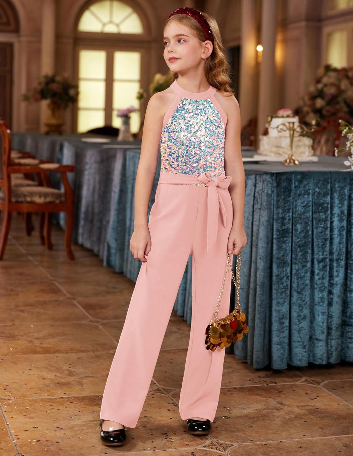 imageGRACE KARIN Girls Jumpsuit Tween Sequin Trendy Party Halter Shinny Dance Formal Romper Bodysuit 612Gray Pink