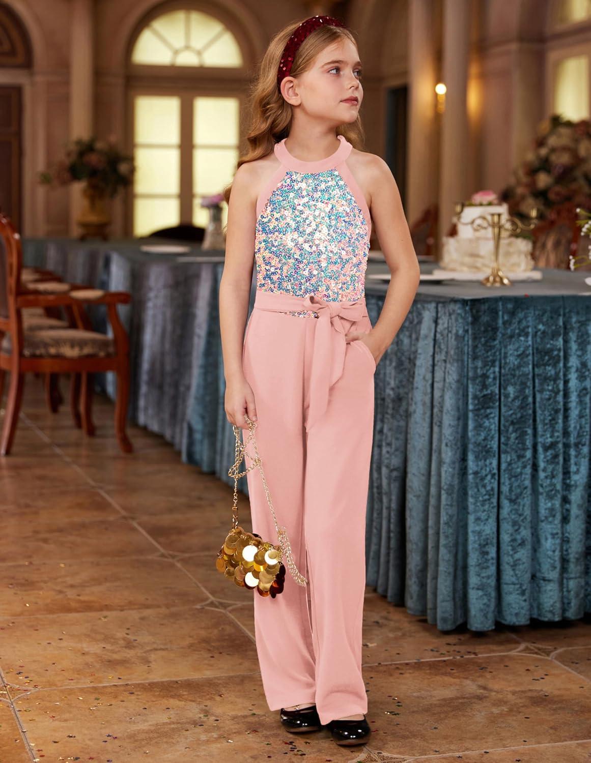 imageGRACE KARIN Girls Jumpsuit Tween Sequin Trendy Party Halter Shinny Dance Formal Romper Bodysuit 612Gray Pink