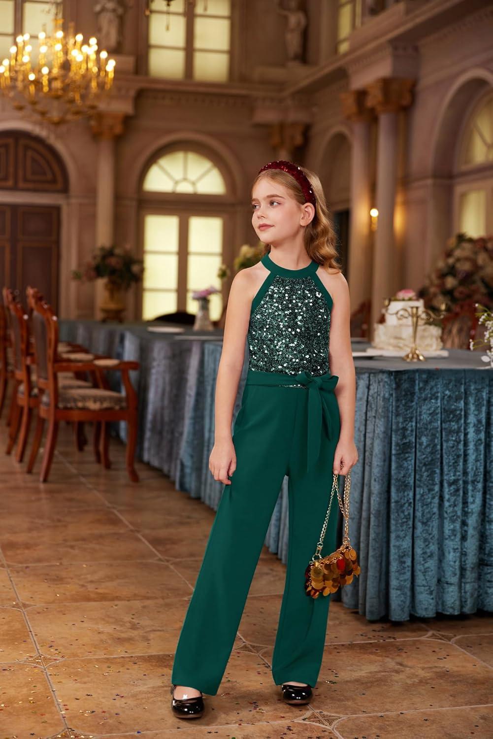 imageGRACE KARIN Girls Jumpsuit Tween Sequin Trendy Party Halter Shinny Dance Formal Romper Bodysuit 612Green