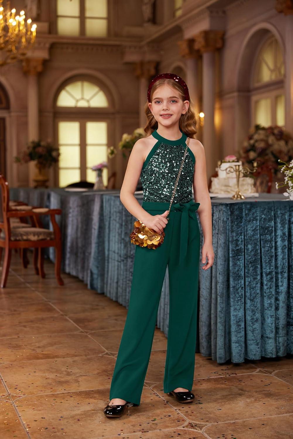 imageGRACE KARIN Girls Jumpsuit Tween Sequin Trendy Party Halter Shinny Dance Formal Romper Bodysuit 612Green