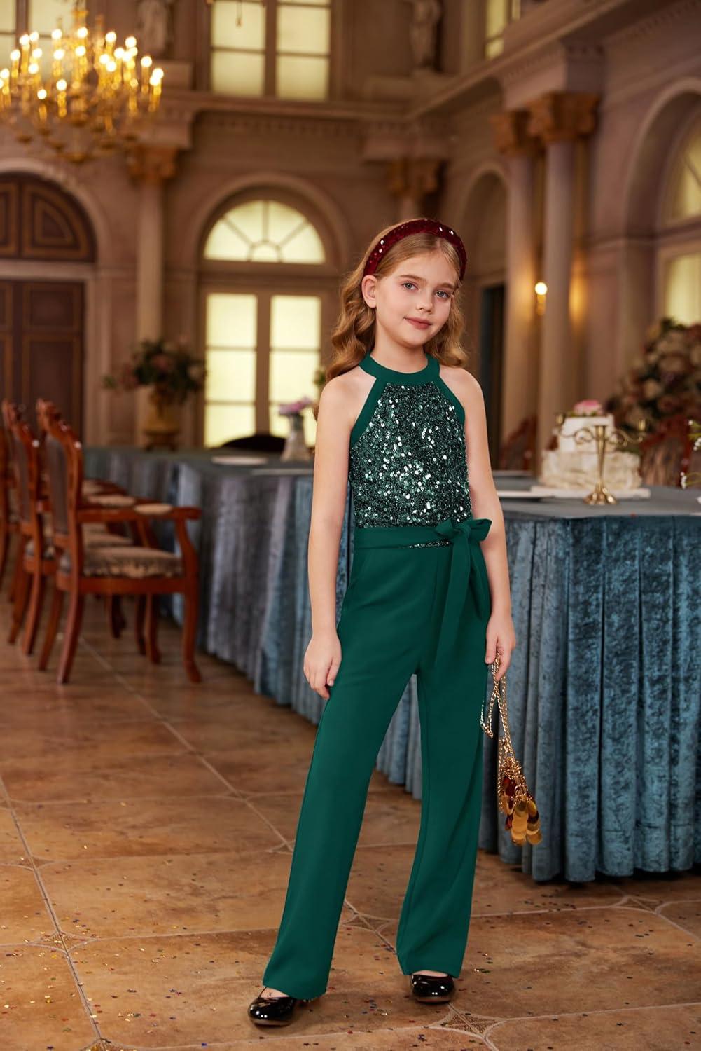 imageGRACE KARIN Girls Jumpsuit Tween Sequin Trendy Party Halter Shinny Dance Formal Romper Bodysuit 612Green