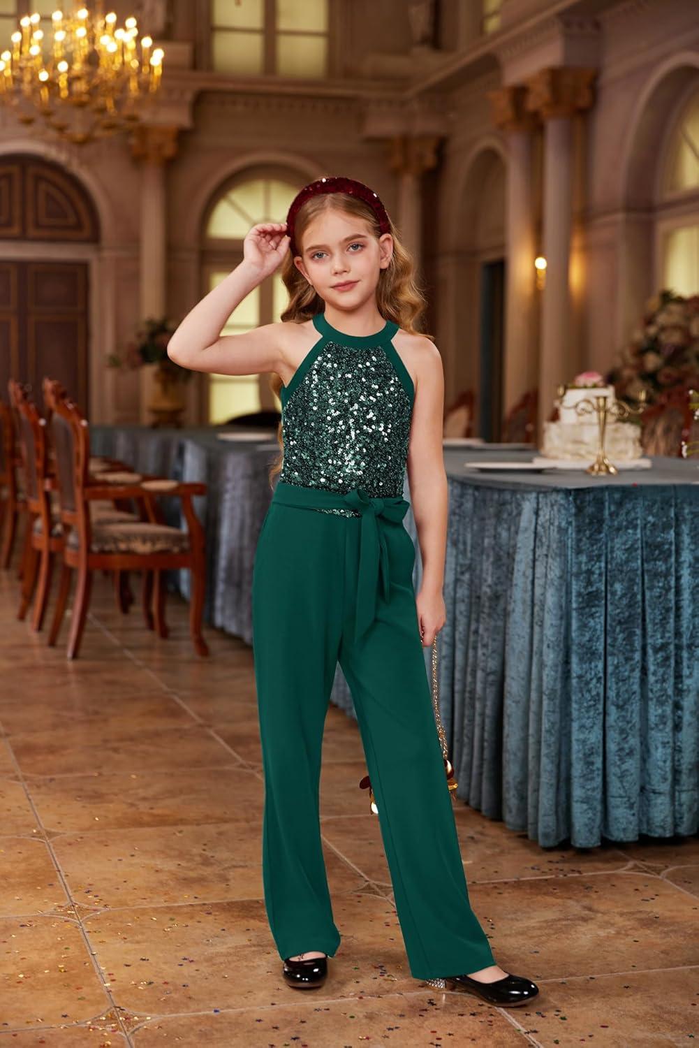 imageGRACE KARIN Girls Jumpsuit Tween Sequin Trendy Party Halter Shinny Dance Formal Romper Bodysuit 612Green