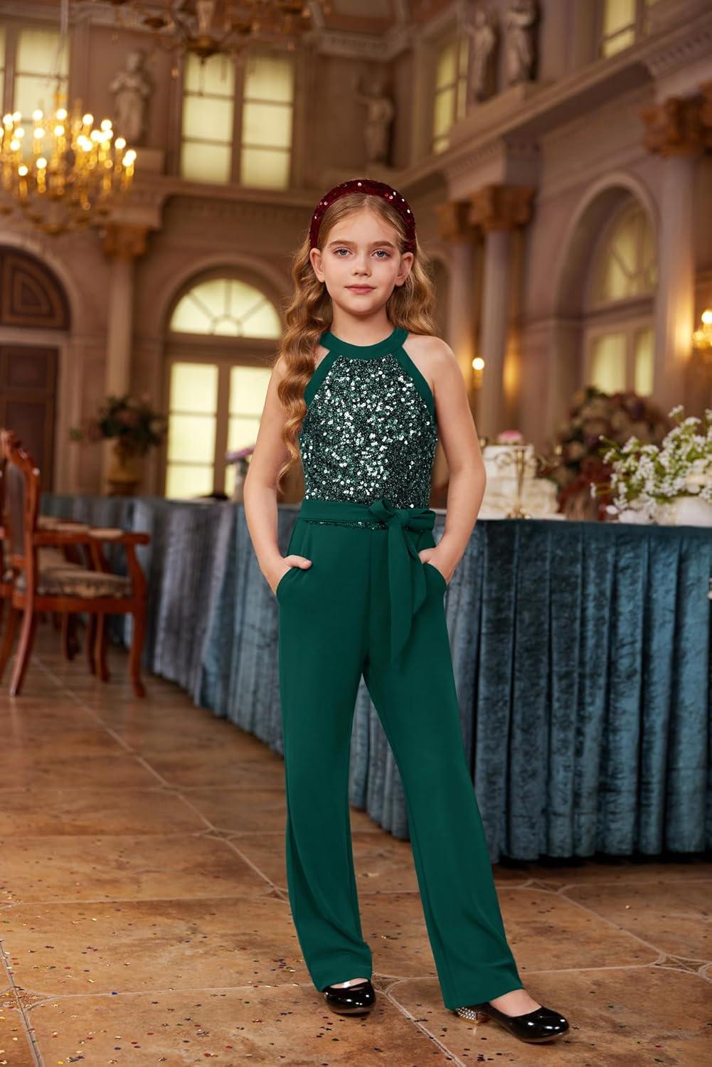 imageGRACE KARIN Girls Jumpsuit Tween Sequin Trendy Party Halter Shinny Dance Formal Romper Bodysuit 612Green