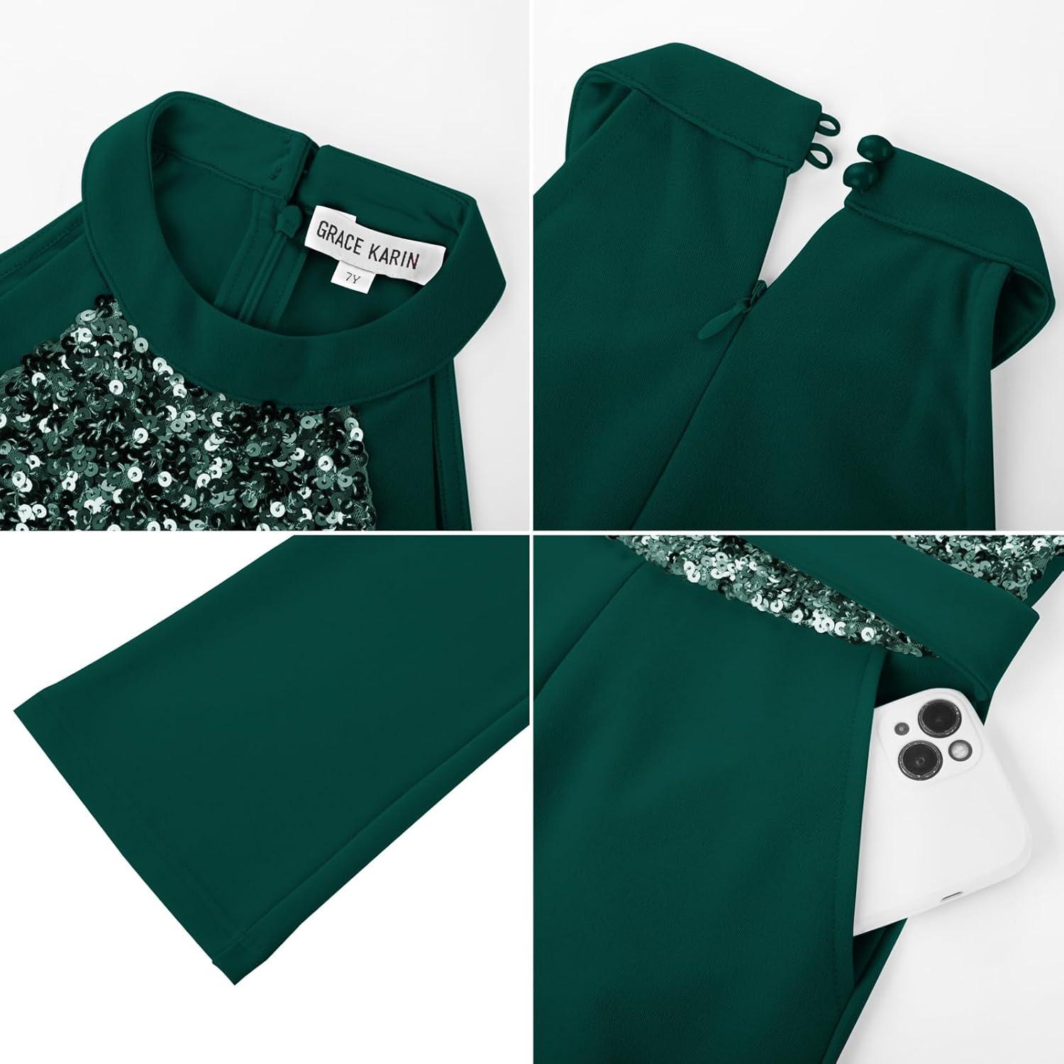 imageGRACE KARIN Girls Jumpsuit Tween Sequin Trendy Party Halter Shinny Dance Formal Romper Bodysuit 612Green