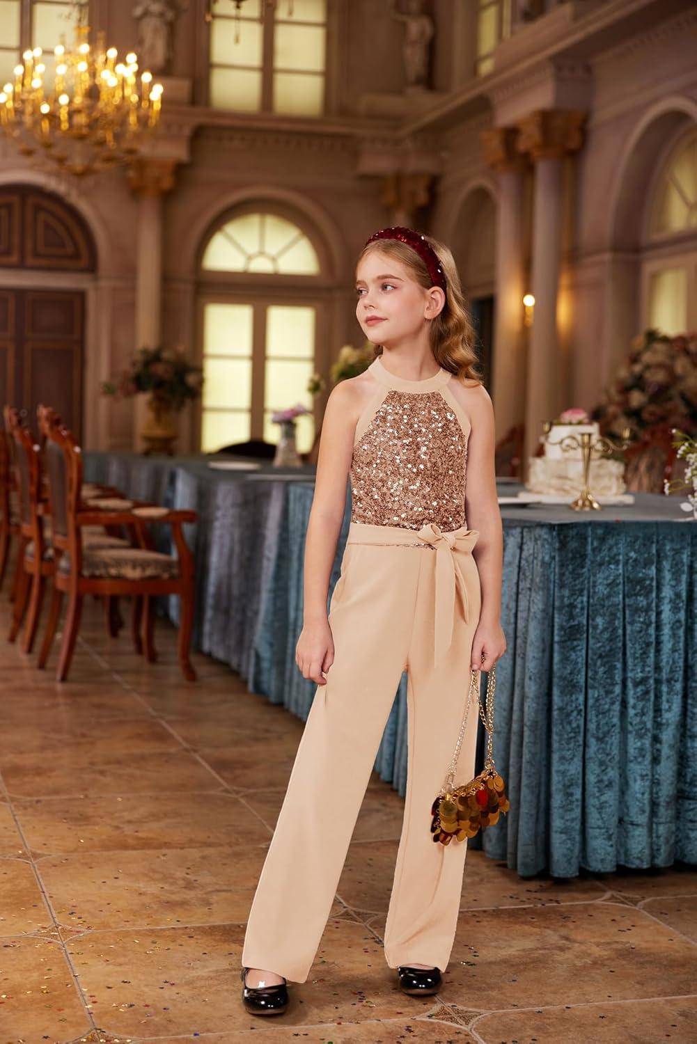 imageGRACE KARIN Girls Jumpsuit Tween Sequin Trendy Party Halter Shinny Dance Formal Romper Bodysuit 612Rose Golden