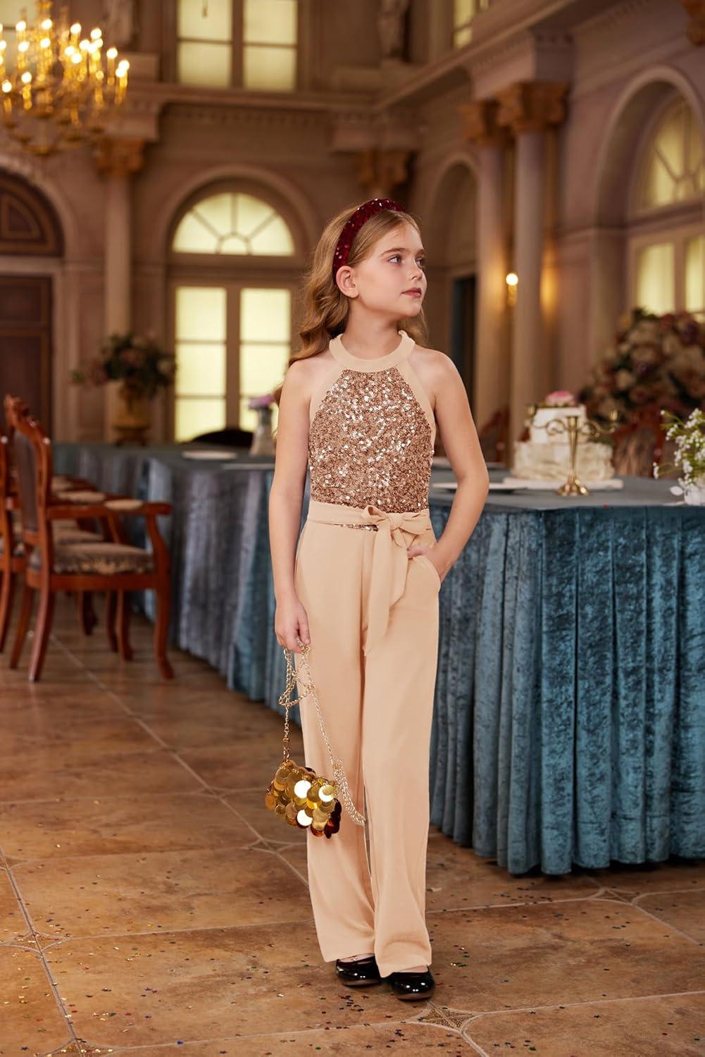 imageGRACE KARIN Girls Jumpsuit Tween Sequin Trendy Party Halter Shinny Dance Formal Romper Bodysuit 612Rose Golden