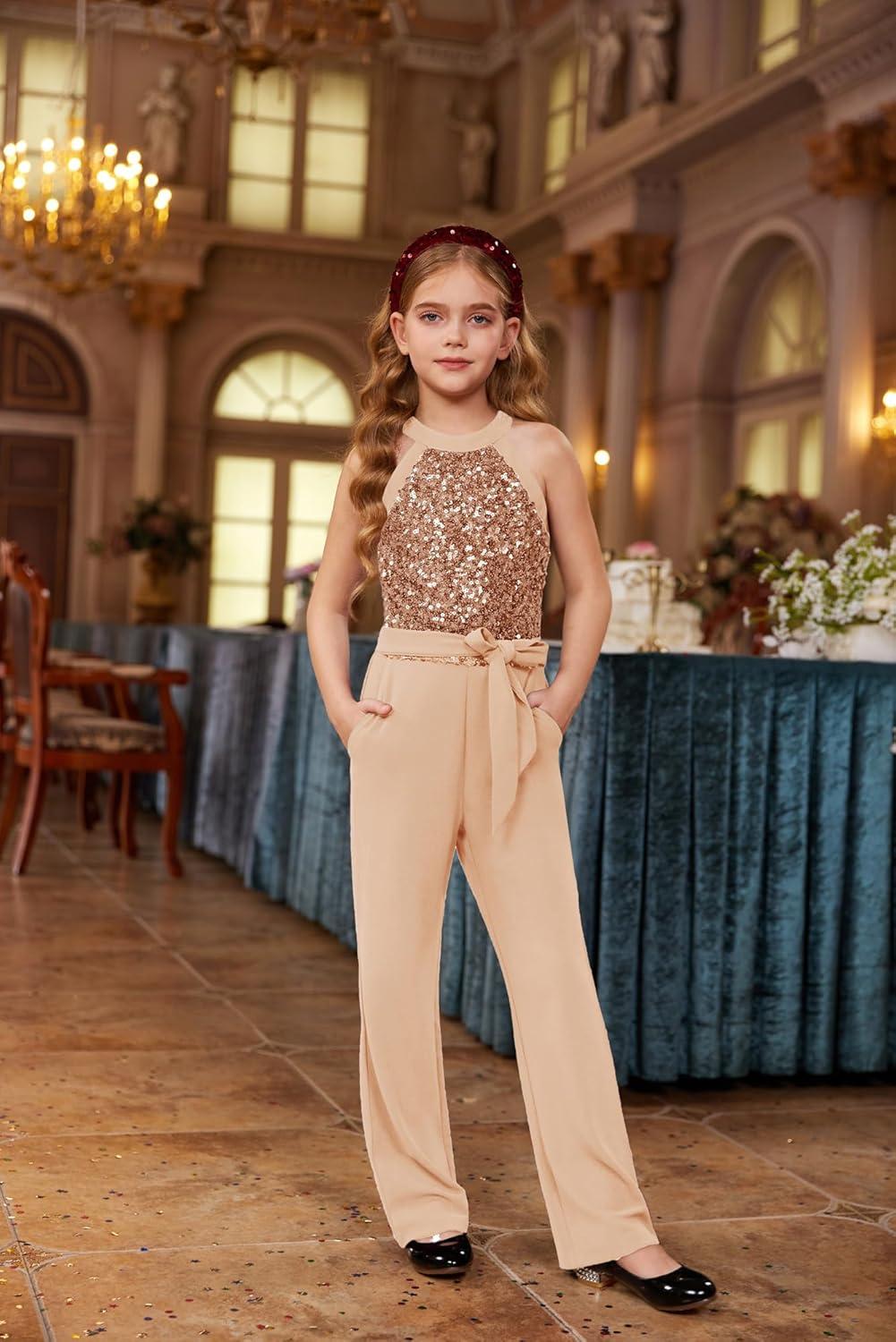 imageGRACE KARIN Girls Jumpsuit Tween Sequin Trendy Party Halter Shinny Dance Formal Romper Bodysuit 612Rose Golden