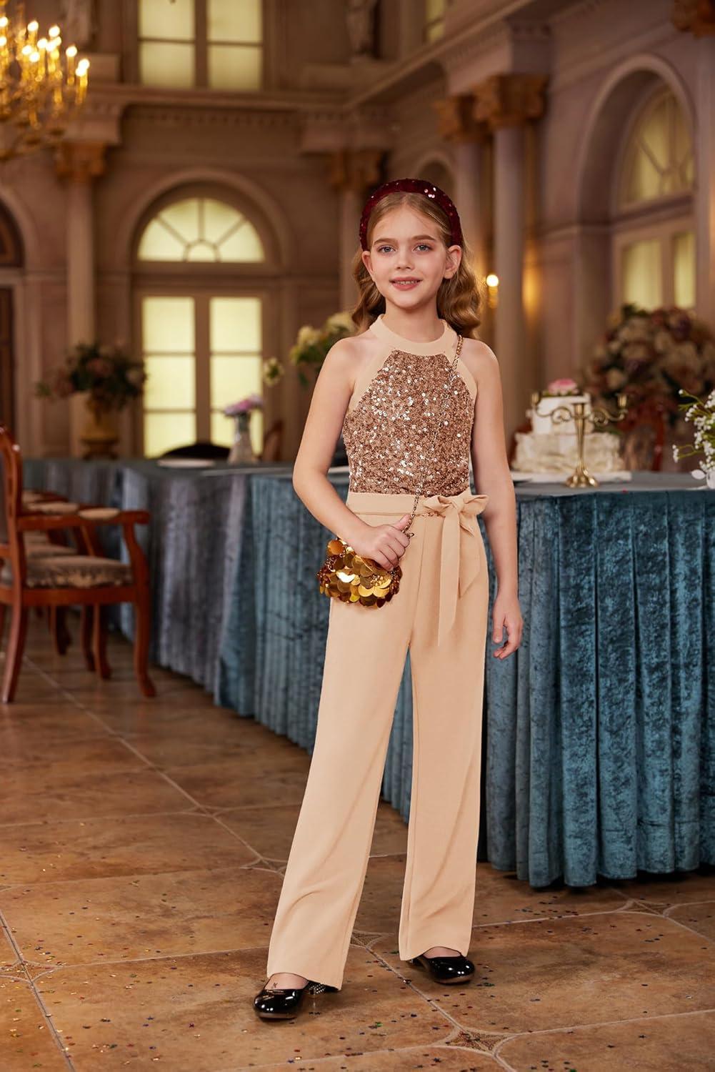 imageGRACE KARIN Girls Jumpsuit Tween Sequin Trendy Party Halter Shinny Dance Formal Romper Bodysuit 612Rose Golden