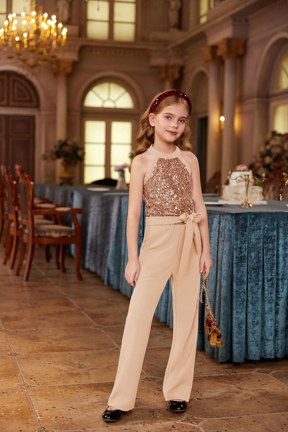 imageGRACE KARIN Girls Jumpsuit Tween Sequin Trendy Party Halter Shinny Dance Formal Romper Bodysuit 612Rose Golden