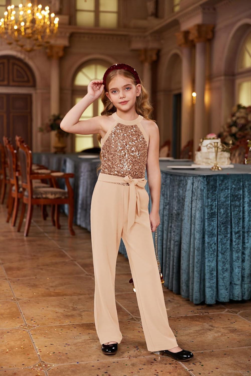 imageGRACE KARIN Girls Jumpsuit Tween Sequin Trendy Party Halter Shinny Dance Formal Romper Bodysuit 612Rose Golden