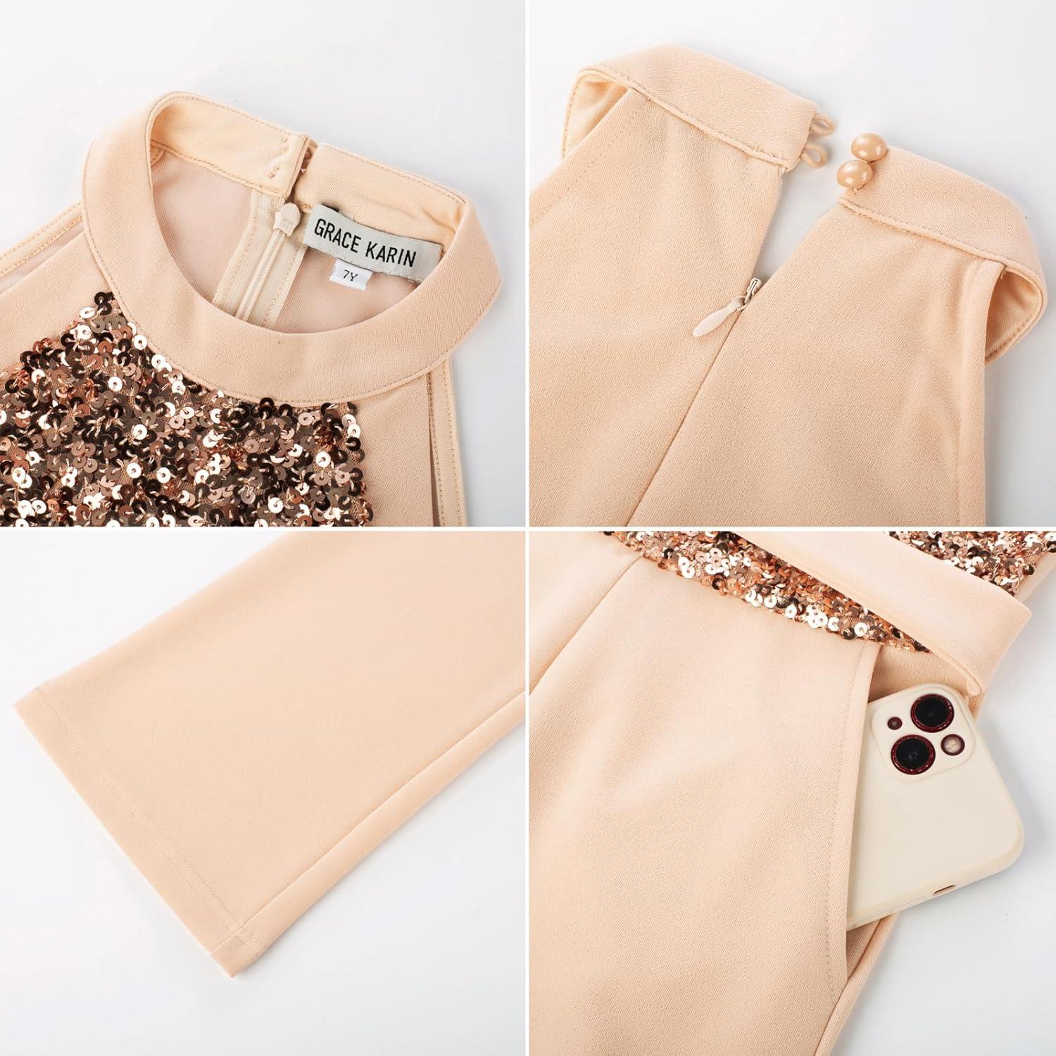 imageGRACE KARIN Girls Jumpsuit Tween Sequin Trendy Party Halter Shinny Dance Formal Romper Bodysuit 612Rose Golden
