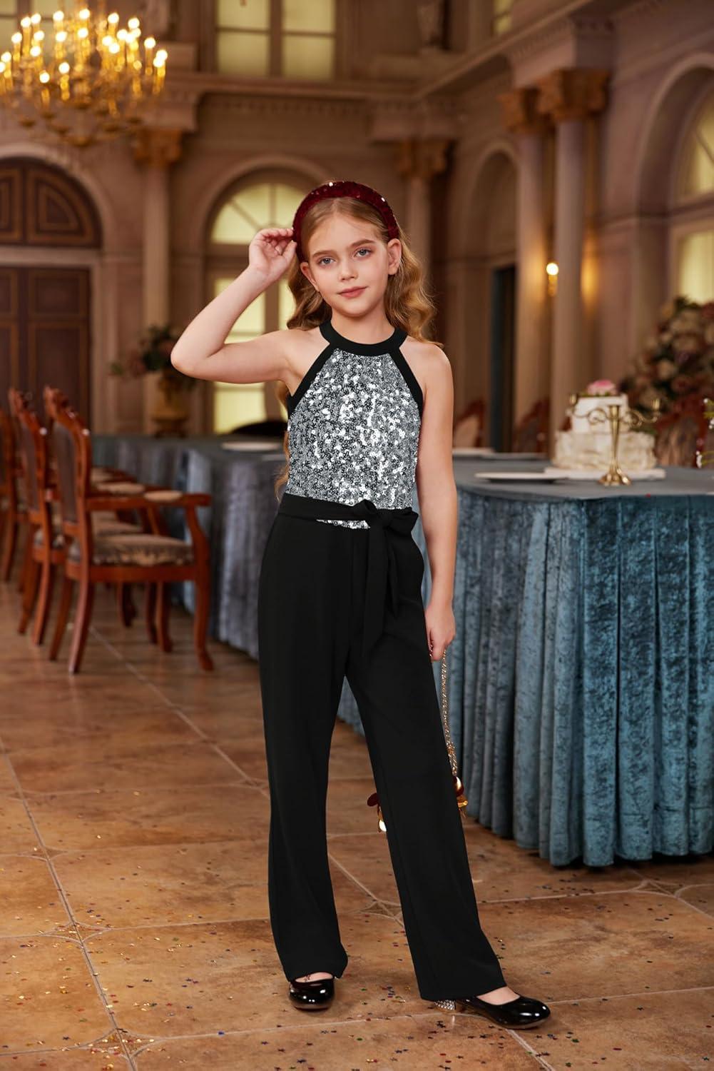 imageGRACE KARIN Girls Jumpsuit Tween Sequin Trendy Party Halter Shinny Dance Formal Romper Bodysuit 612Silver