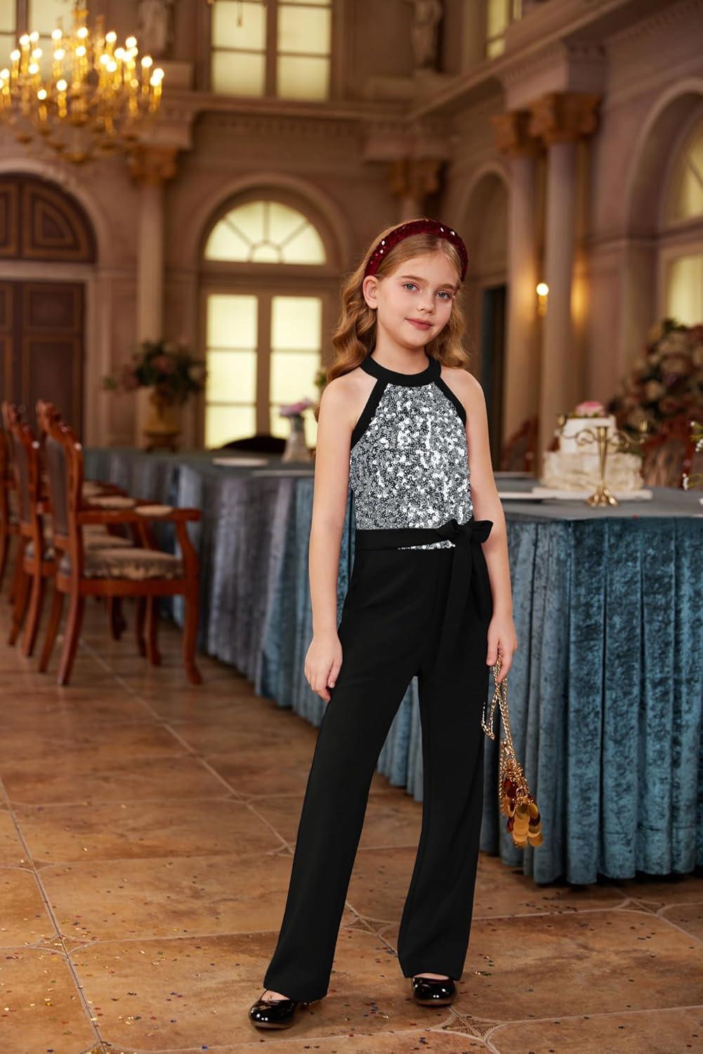 imageGRACE KARIN Girls Jumpsuit Tween Sequin Trendy Party Halter Shinny Dance Formal Romper Bodysuit 612Silver