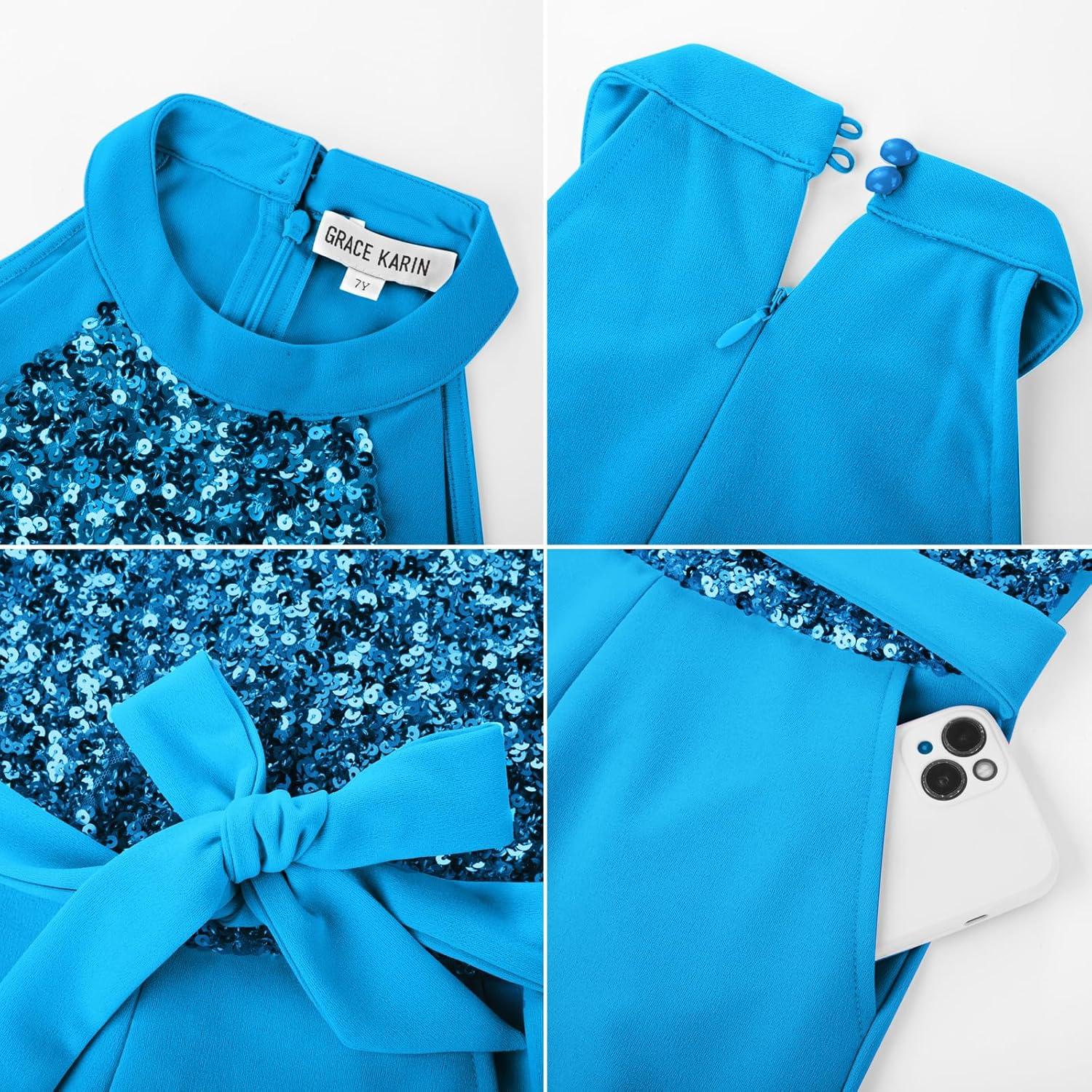 imageGRACE KARIN Girls Jumpsuit Tween Sequin Trendy Party Halter Shinny Dance Formal Romper Bodysuit 612Sky Blue