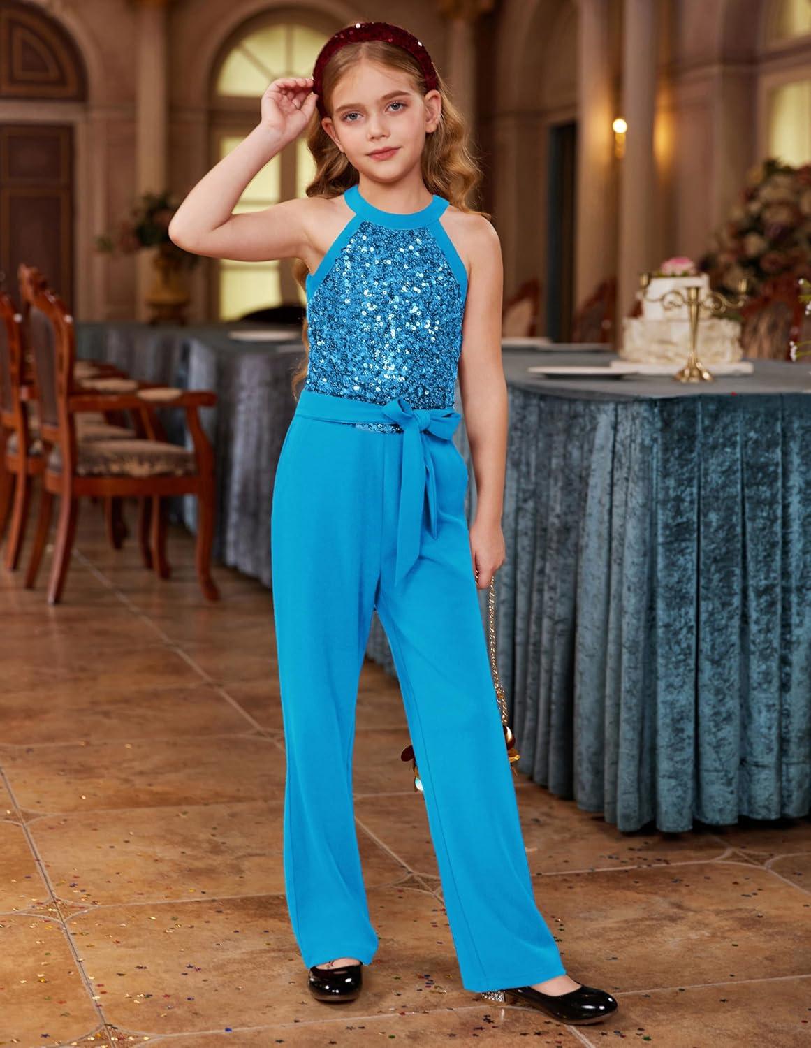 imageGRACE KARIN Girls Jumpsuit Tween Sequin Trendy Party Halter Shinny Dance Formal Romper Bodysuit 612Sky Blue