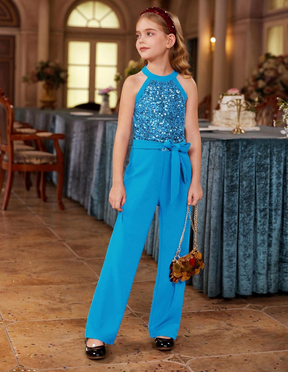 imageGRACE KARIN Girls Jumpsuit Tween Sequin Trendy Party Halter Shinny Dance Formal Romper Bodysuit 612Sky Blue